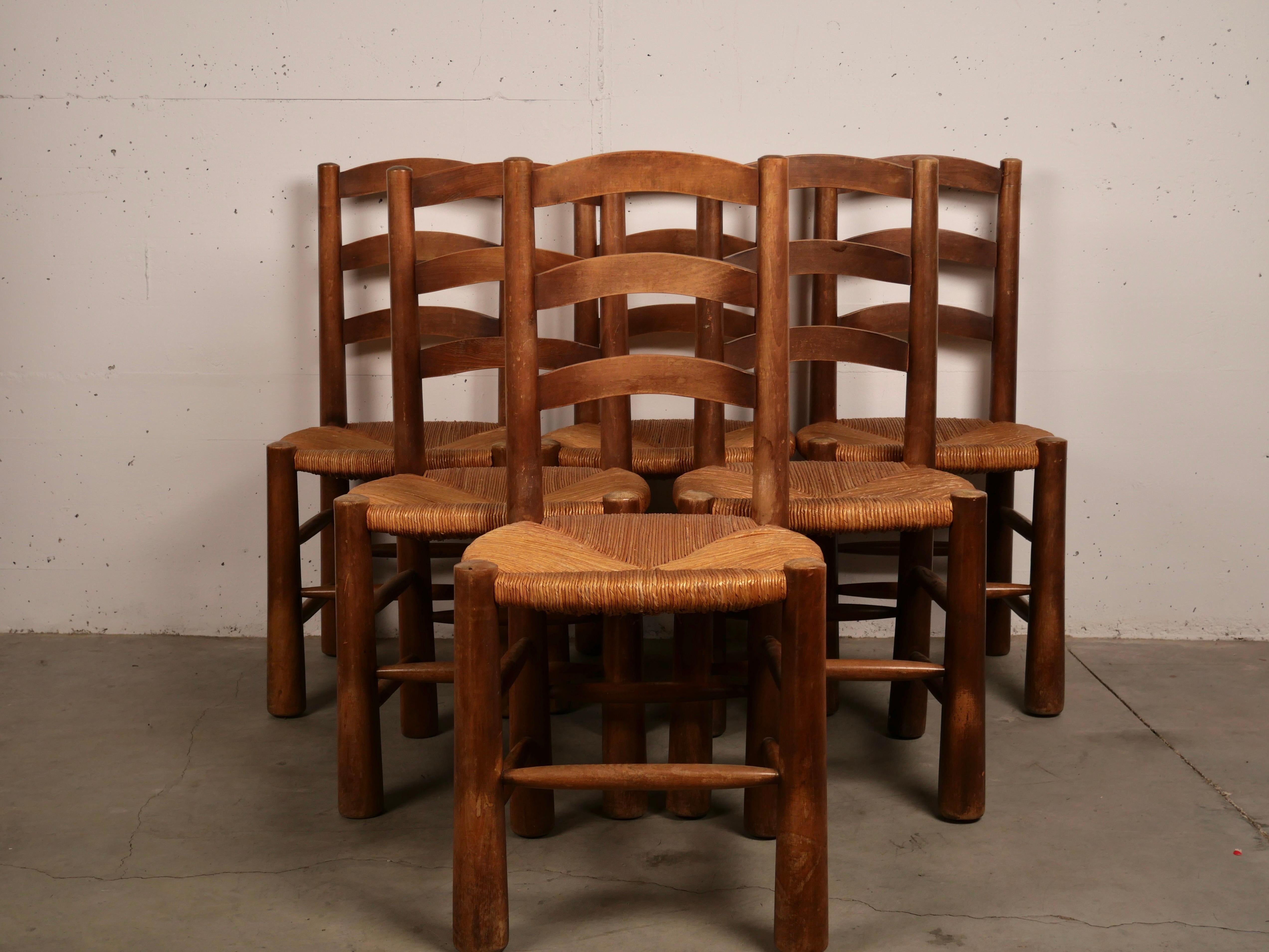 Set of 6 Brutalist Chalet Chairs, Solid Wood and Straw Georges Robert, 1950 9