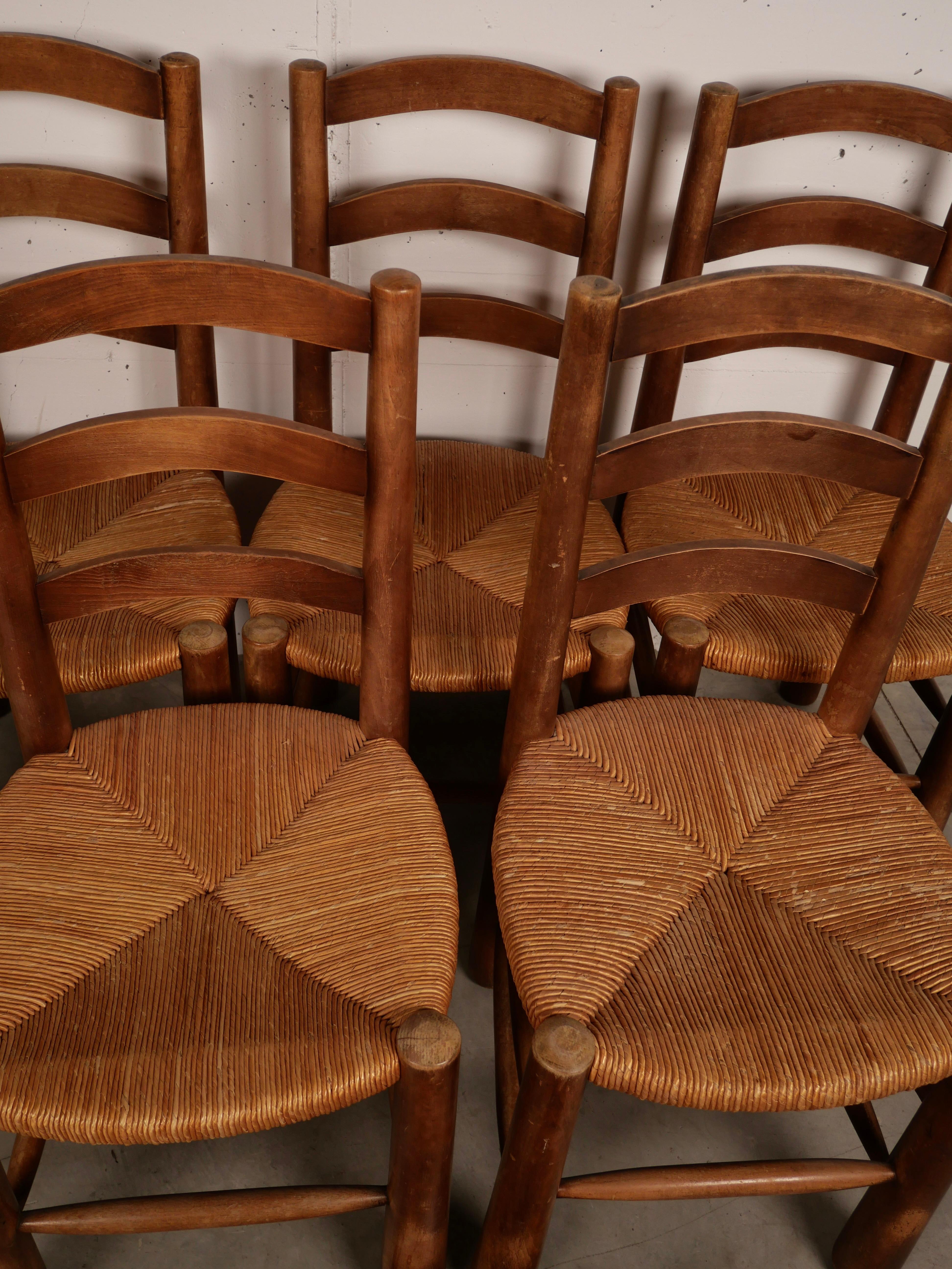 Set of 6 Brutalist Chalet Chairs, Solid Wood and Straw Georges Robert, 1950 10