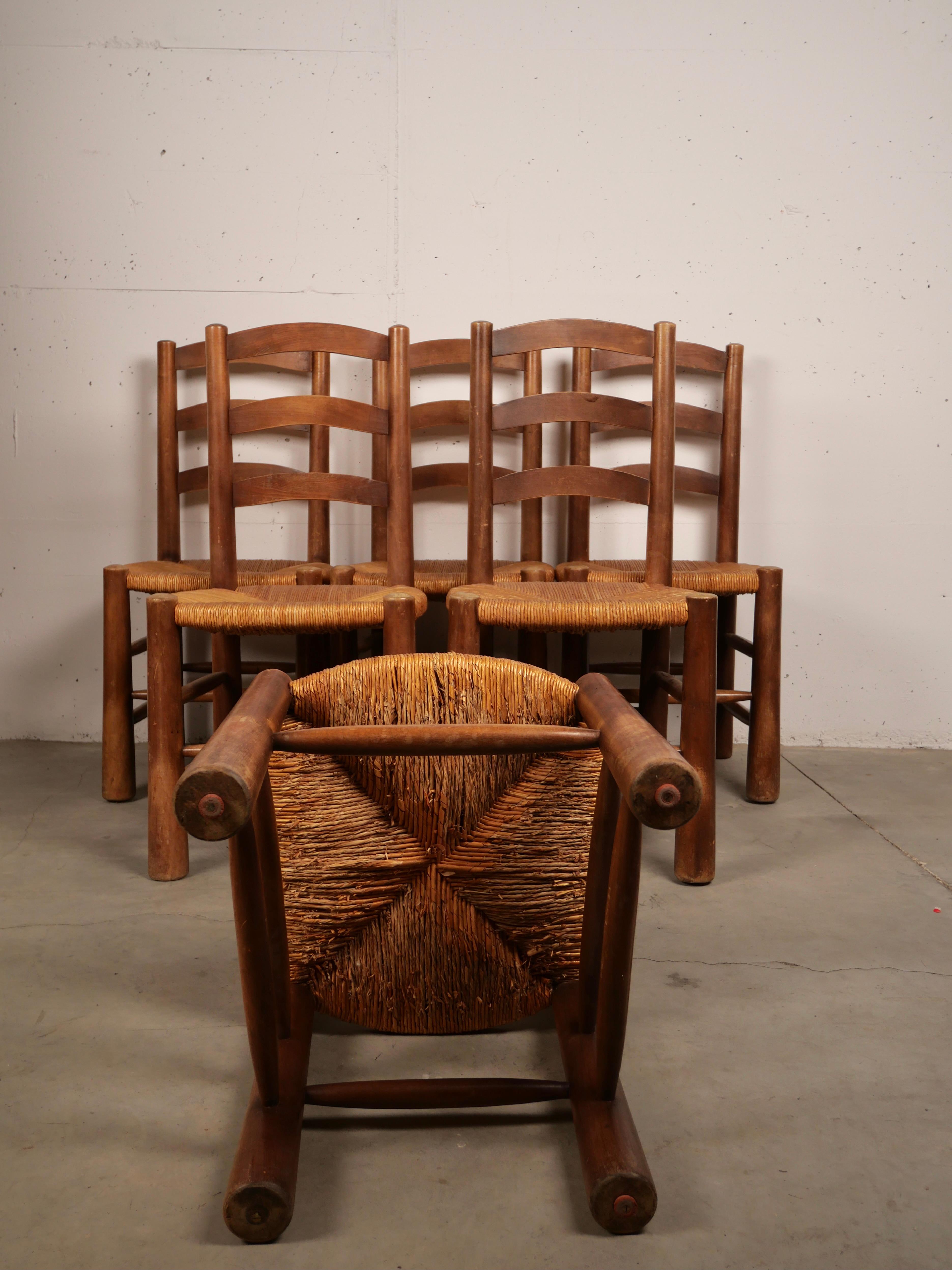 Set of 6 Brutalist Chalet Chairs, Solid Wood and Straw Georges Robert, 1950 11
