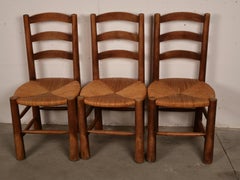 Set of 6 Brutalist Chalet Chairs, Solid Wood and Straw Georges Robert, 1950