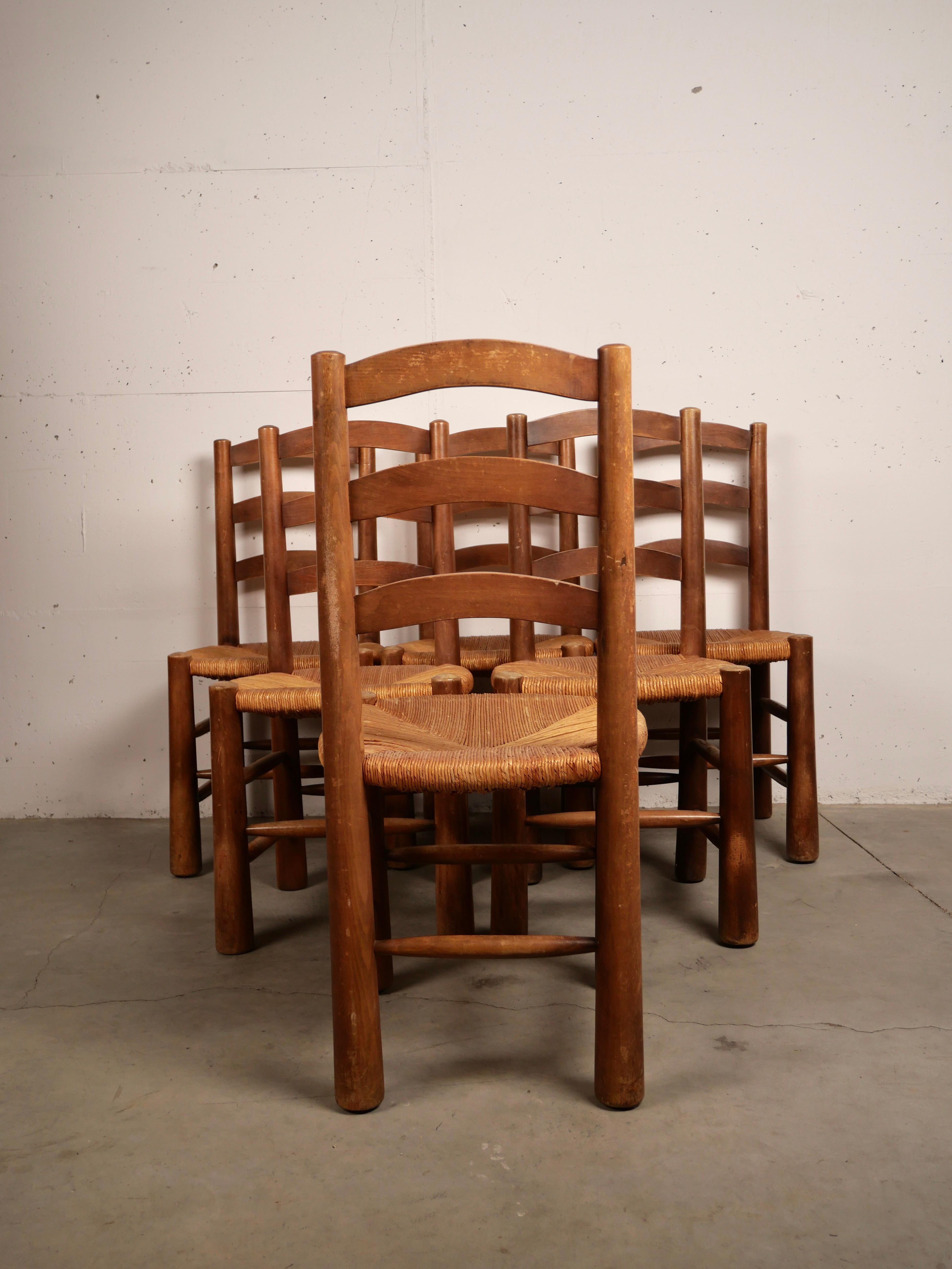 Set of 6 Brutalist Chalet Chairs, Solid Wood and Straw Georges Robert, 1950 2