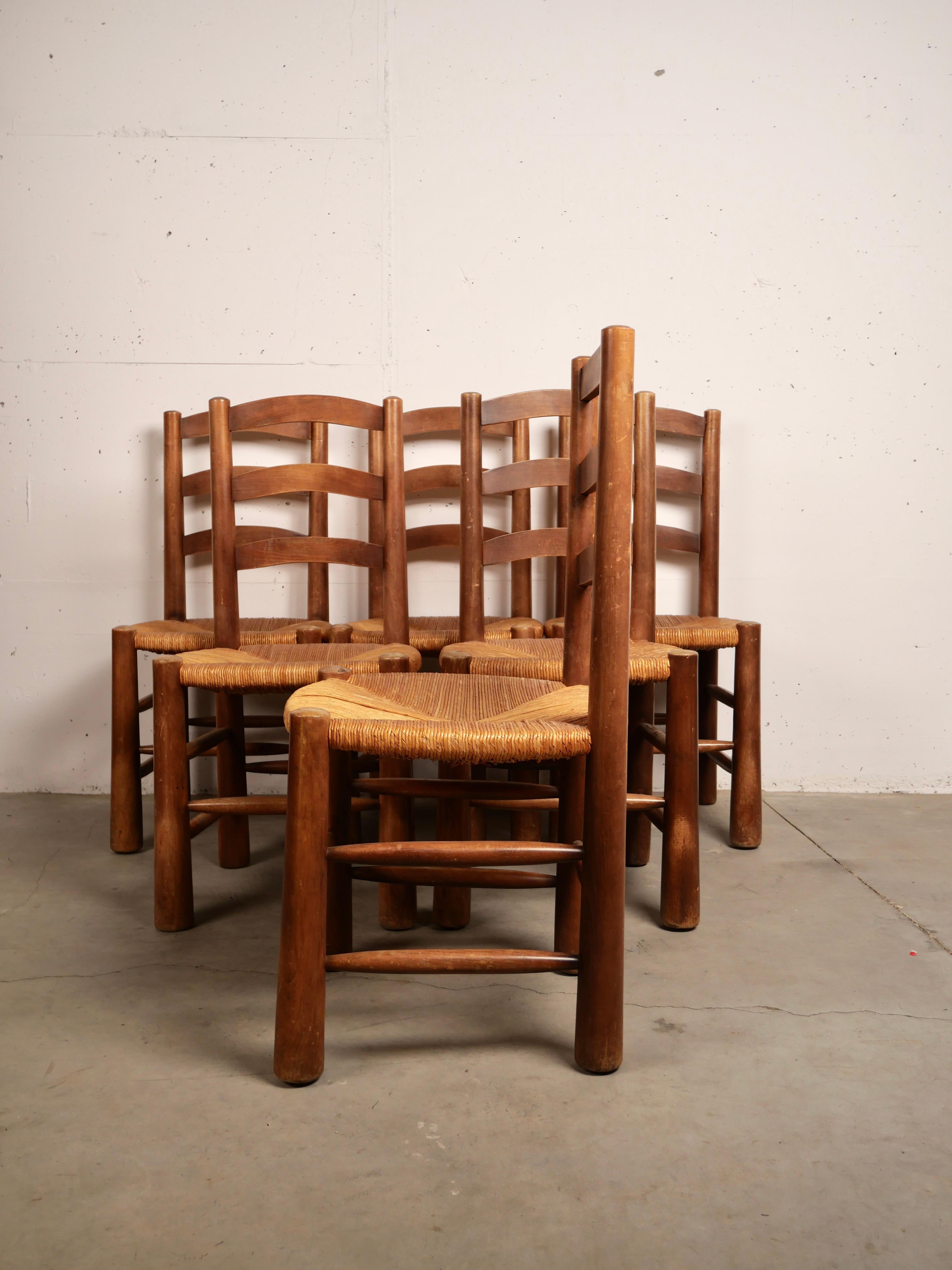Set of 6 Brutalist Chalet Chairs, Solid Wood and Straw Georges Robert, 1950 3
