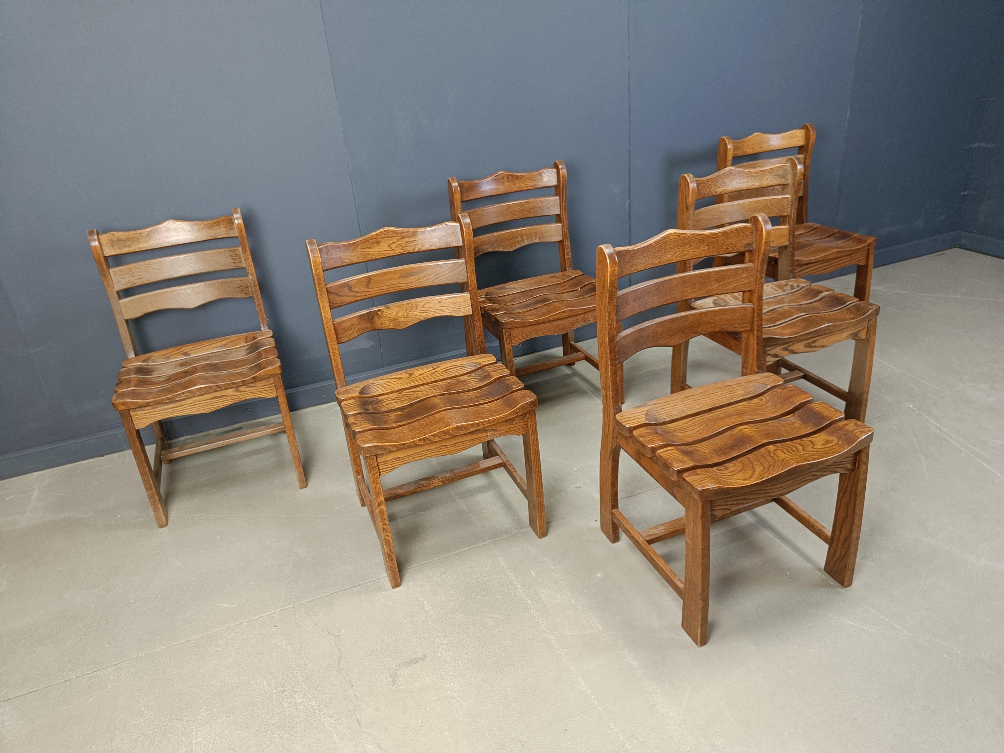 Wood Set of 6 brutalist dining chairs, 1960s