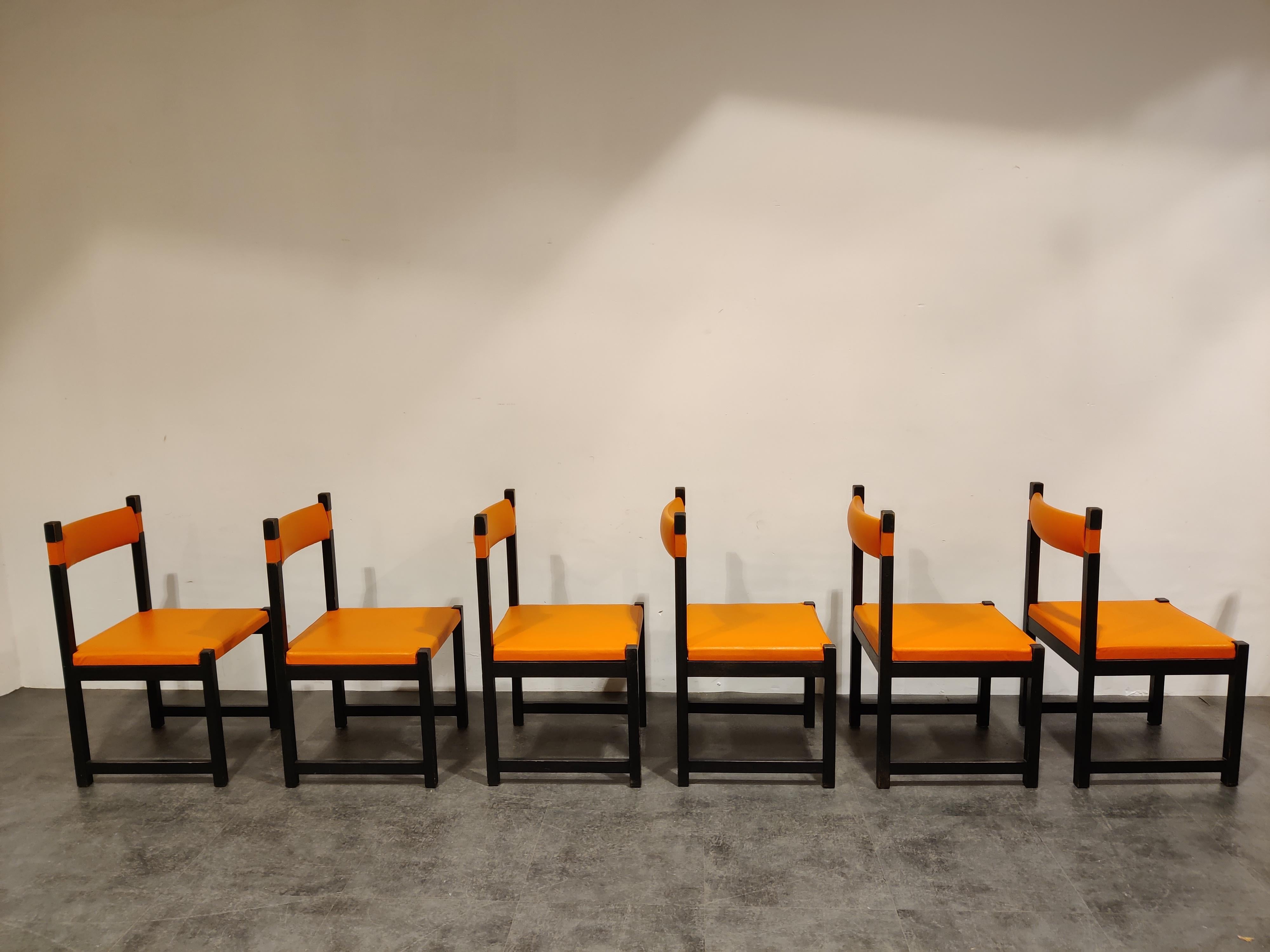 Stained Set of 6 Brutalist Dining Chairs by Emiel Veranneman for Decoene, 1970s