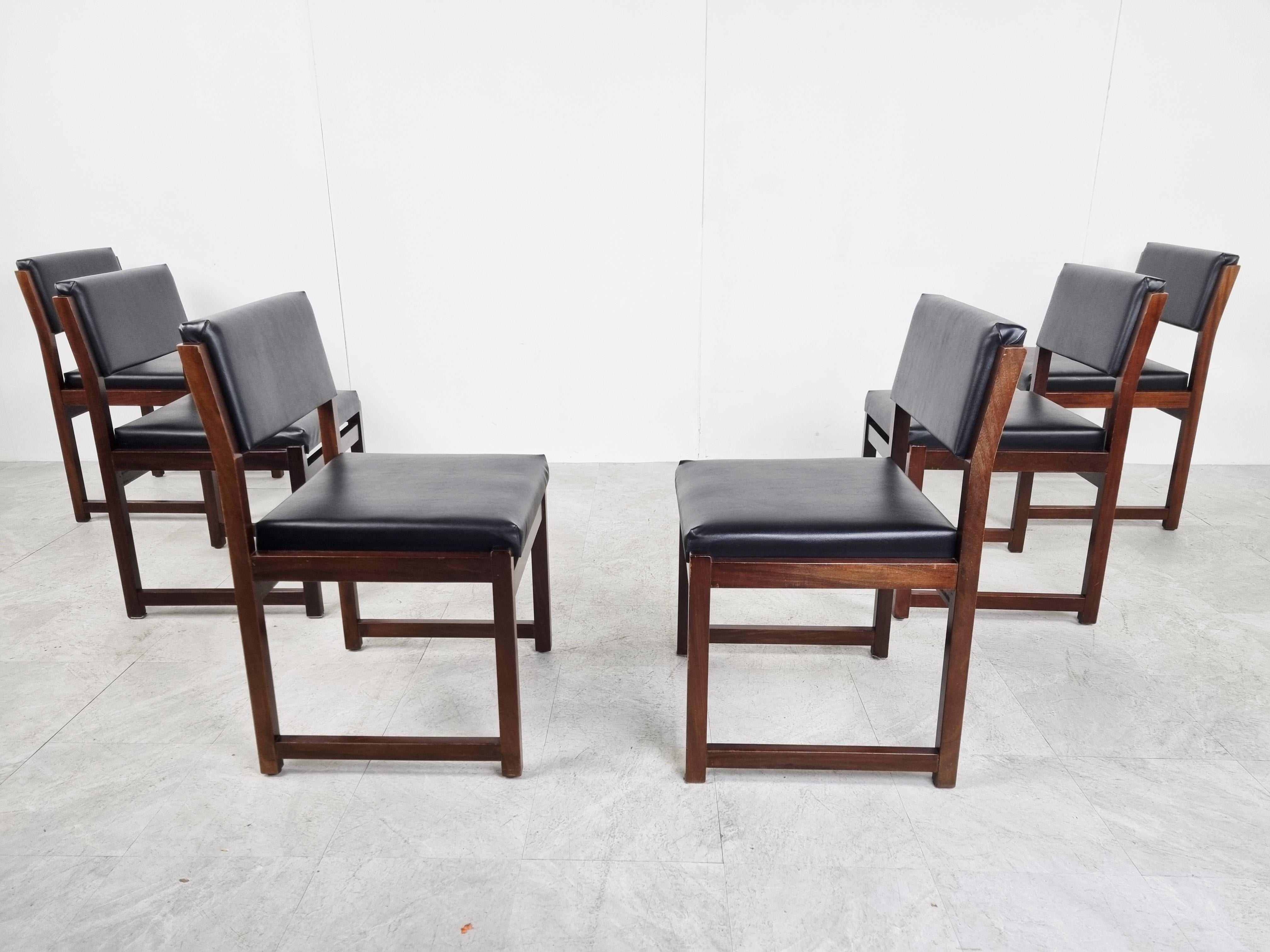 Leather Set of 6 Brutalist Dining Chairs by Emiel Veranneman for Decoene, 1970s For Sale