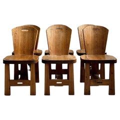 Set of 6 Brutalist Dining Chairs, Pinewood, Scandinavia, c. 1930s 
