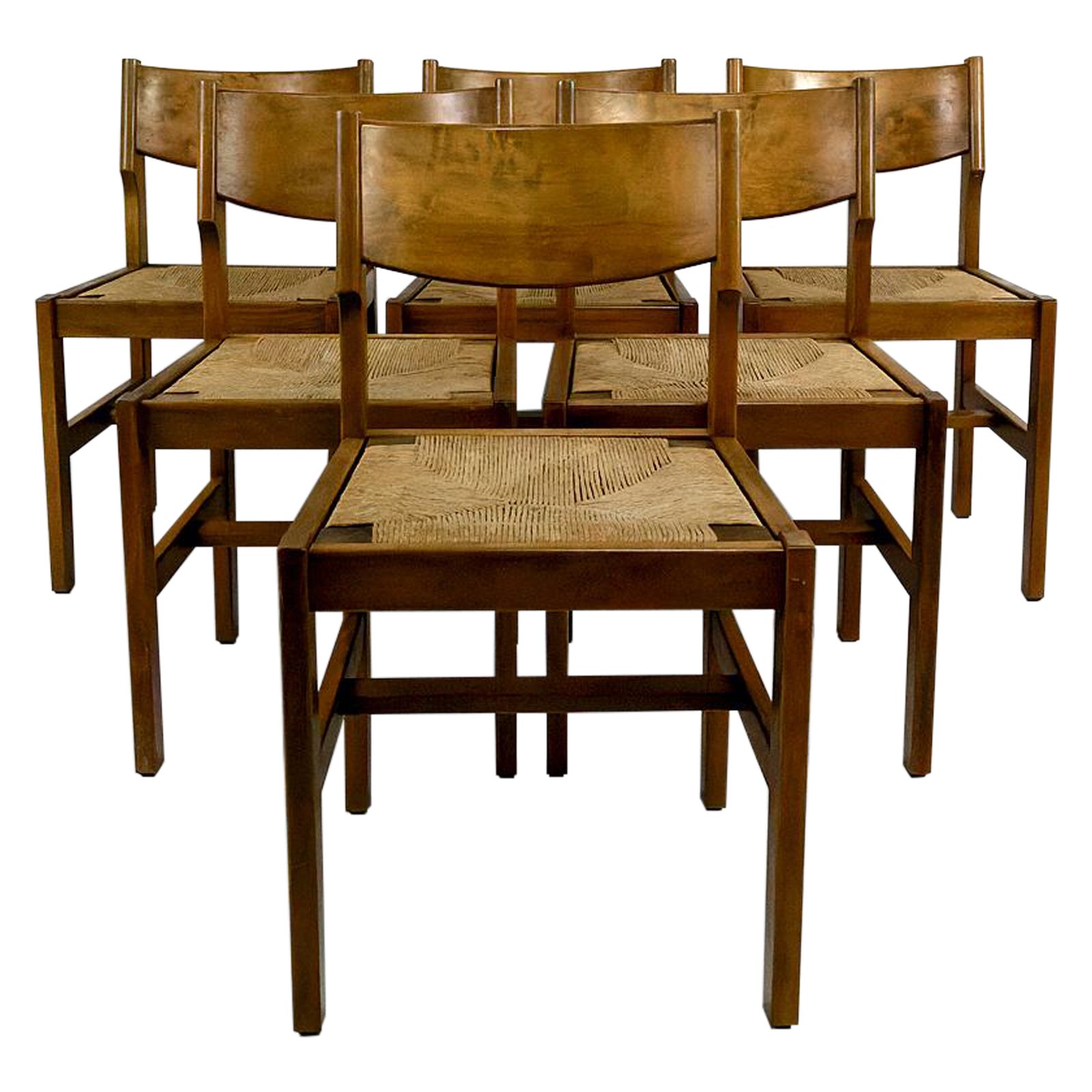 Juego de 6 sillas brutalistas de olmo con asientos acolchados, Maison Regain, Circa 1960 en venta