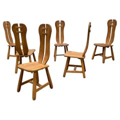 Set of 6 Brutalist Highback Chairs in Solid Oak by De Puydt, Belgium 1970s
