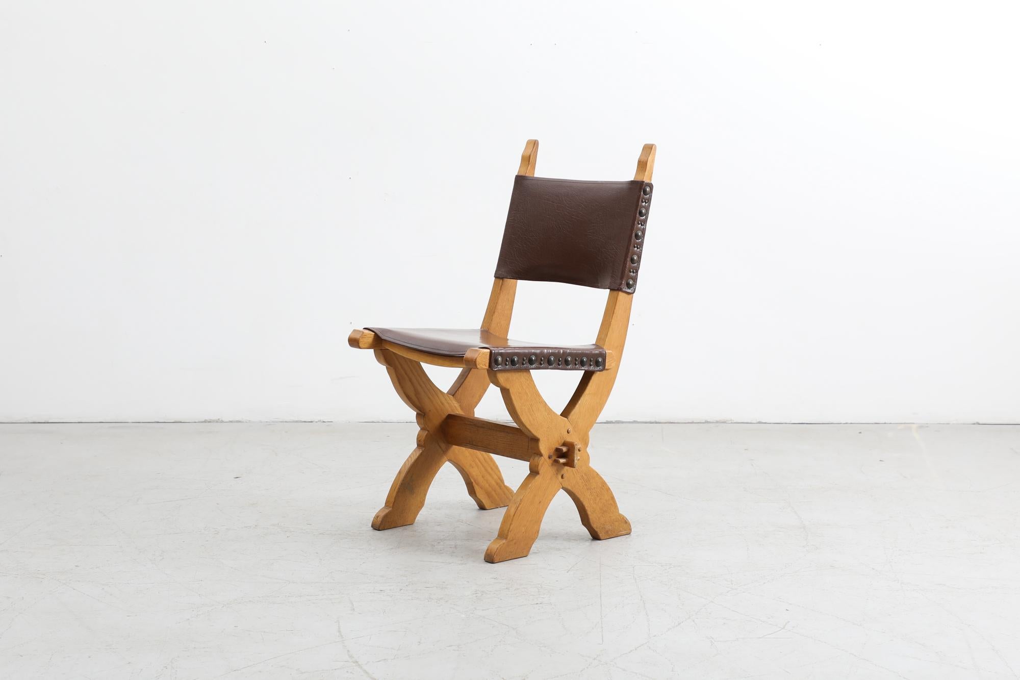 Dutch Set of 6 Brutalist Solid Oak and Chocolate Leather Dining Chairs by Bram Sprij For Sale