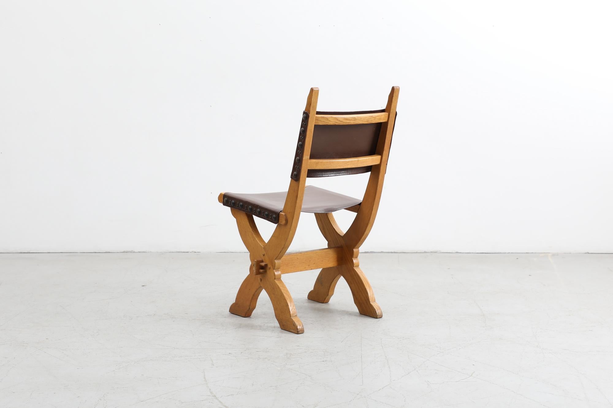 Mid-20th Century Set of 6 Brutalist Solid Oak and Chocolate Leather Dining Chairs by Bram Sprij For Sale