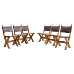 Used Set of 6 Brutalist Solid Oak and Chocolate Leather Dining Chairs by Bram Sprij