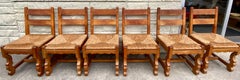 Set of 6 Brutalist Oak and Rush Dining Chairs, Circa 1960s, France