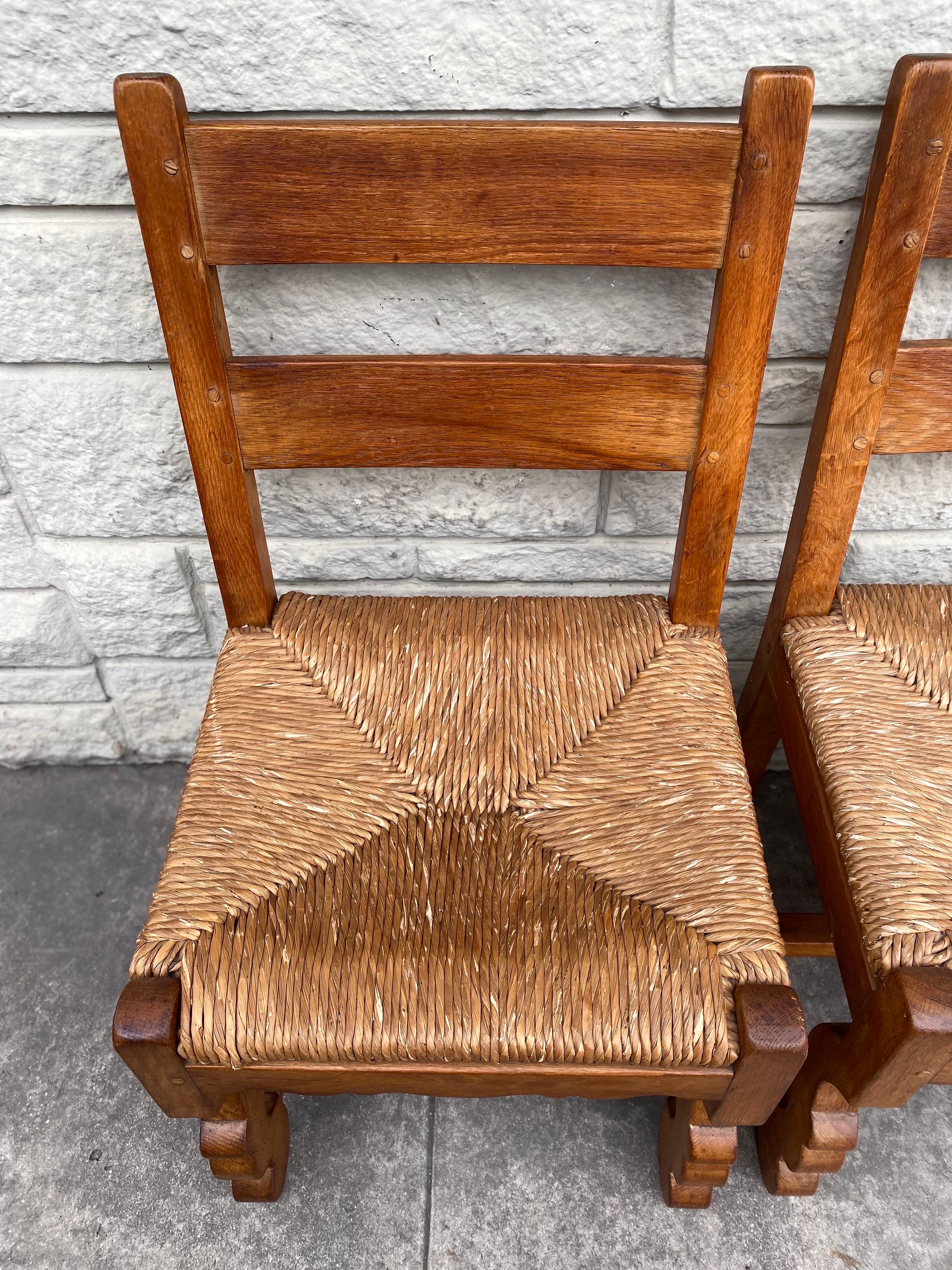 20th Century Set of 6 Brutalist Oak and Rush Dining Chairs, Circa 1960s, France For Sale