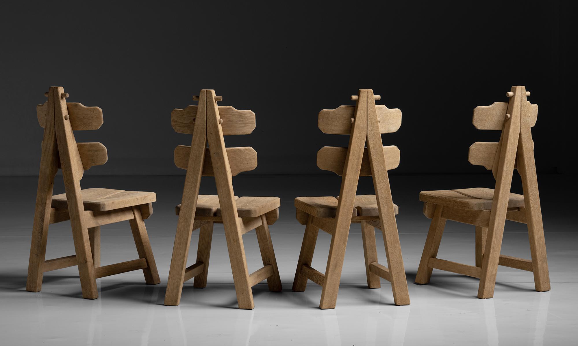 French Set of '6' Brutalist Oak Chairs, France, circa 1970