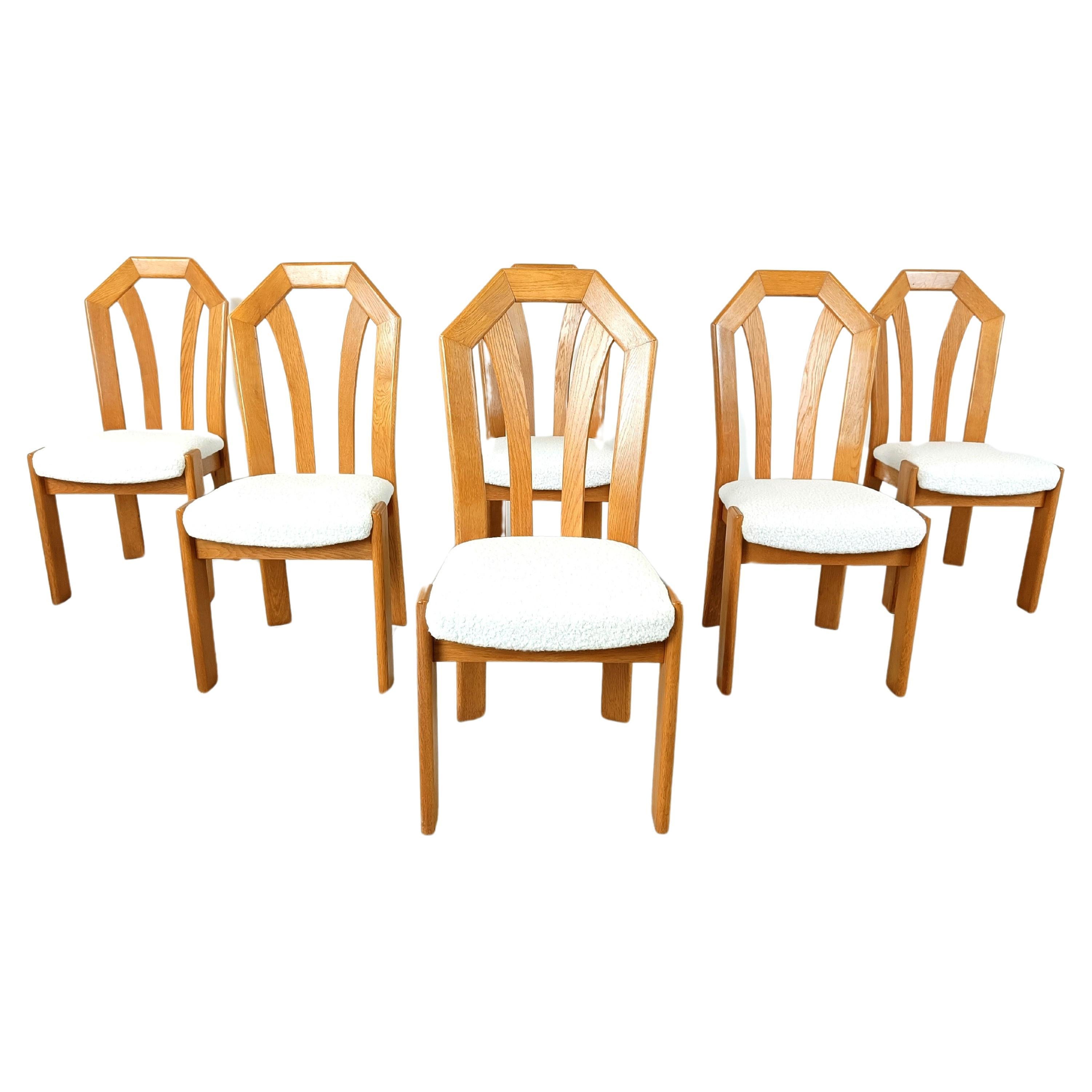 Set of 6 brutalist oak dining chairs, 1970s For Sale