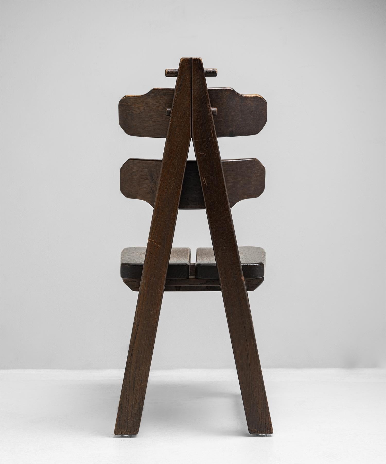 Late 20th Century Set of '6' Brutalist Oak Dining Chairs, France, circa 1970