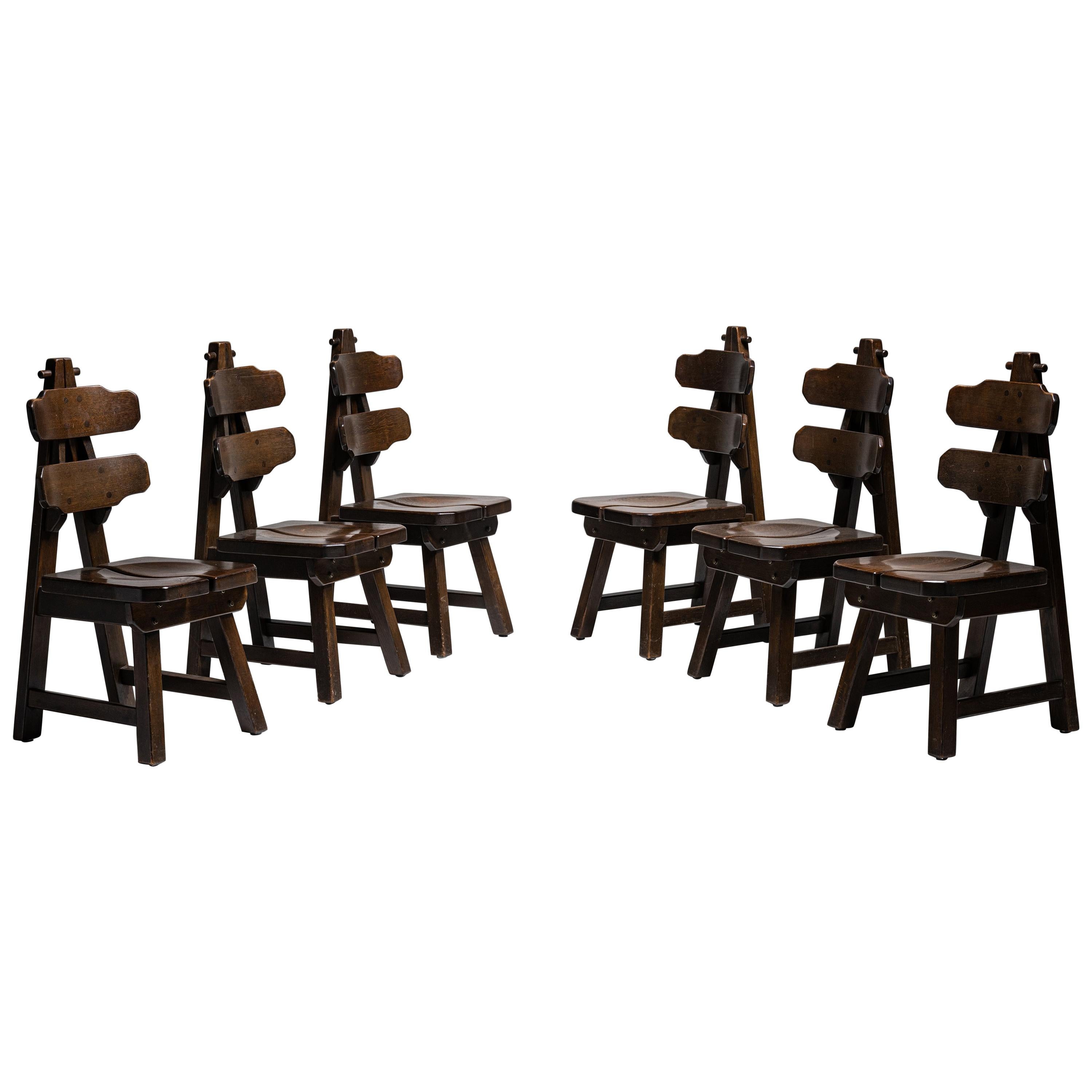 Set of '6' Brutalist Oak Dining Chairs, France, circa 1970