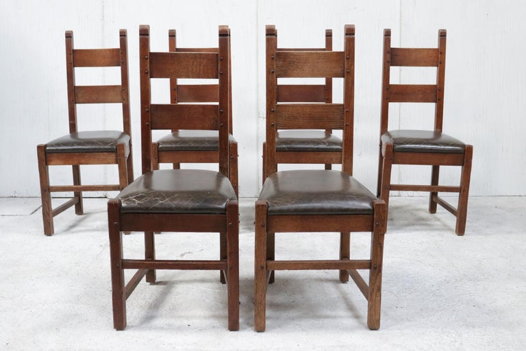 Gorgeous oak chairs with the original leather seat and oak frame.
Clear pin hole connections give the chairs a nice robust look.
The stools are in a good condition with some visible signs of wear, the leather is worn see the detail