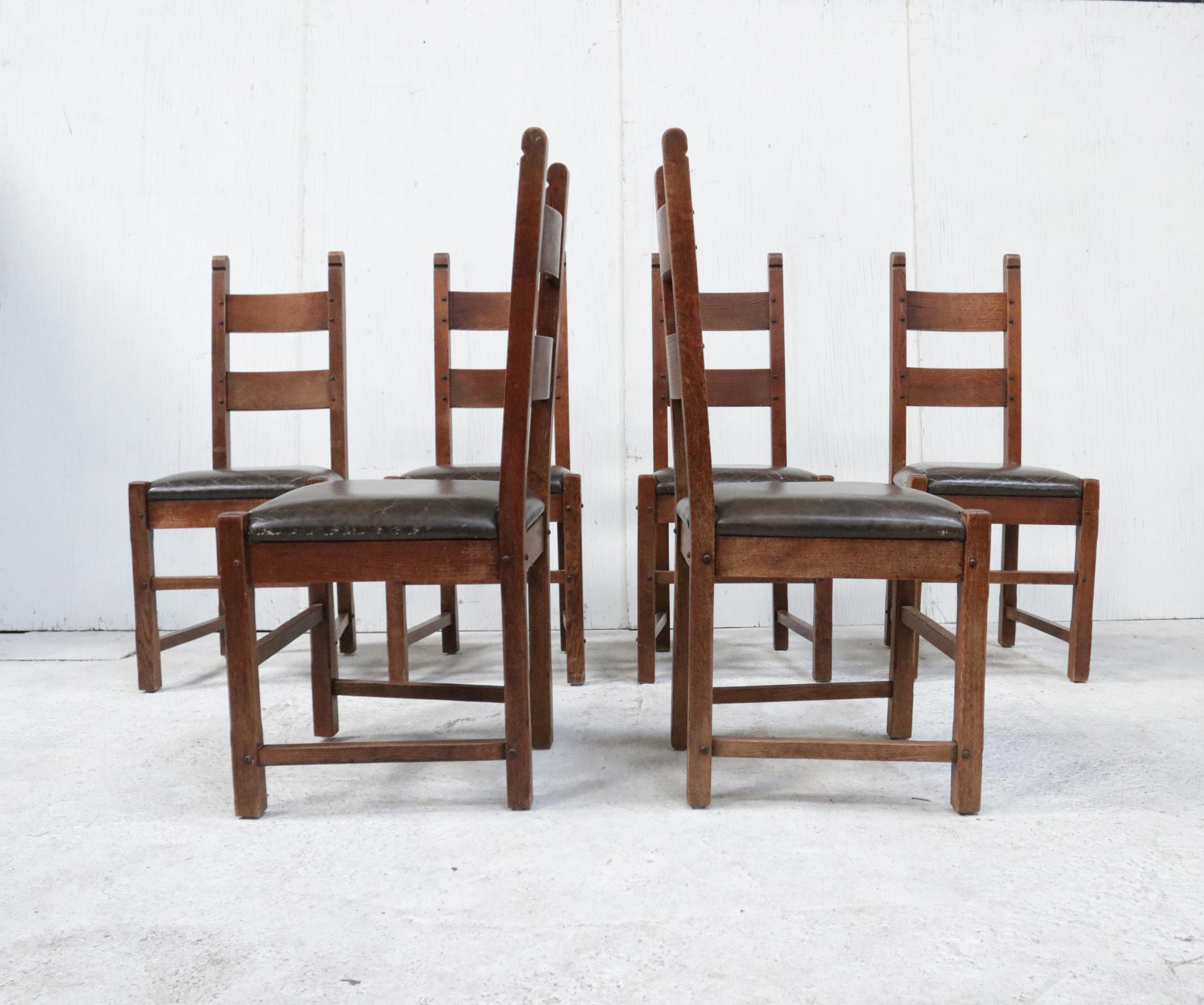 Leather Set of 6 Brutalist Oak Raw Spanish Dining Chairs For Sale