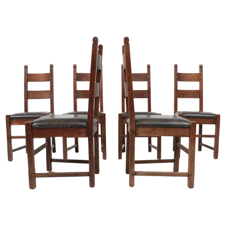 Set of 6 Brutalist Oak Raw Spanish Dining Chairs For Sale