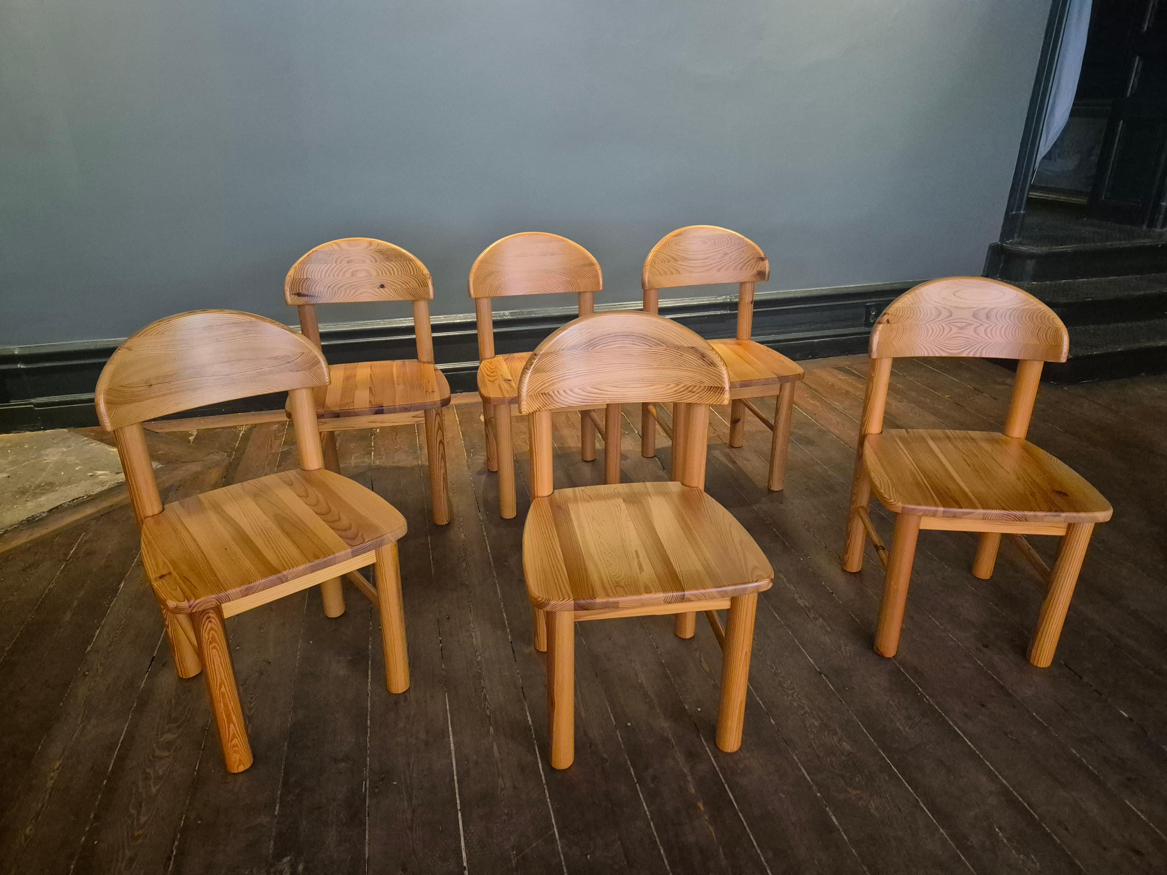 Brutalist Set of 6 brutalist pine chairs by Rainer Daumiller, Denmark 1970s.