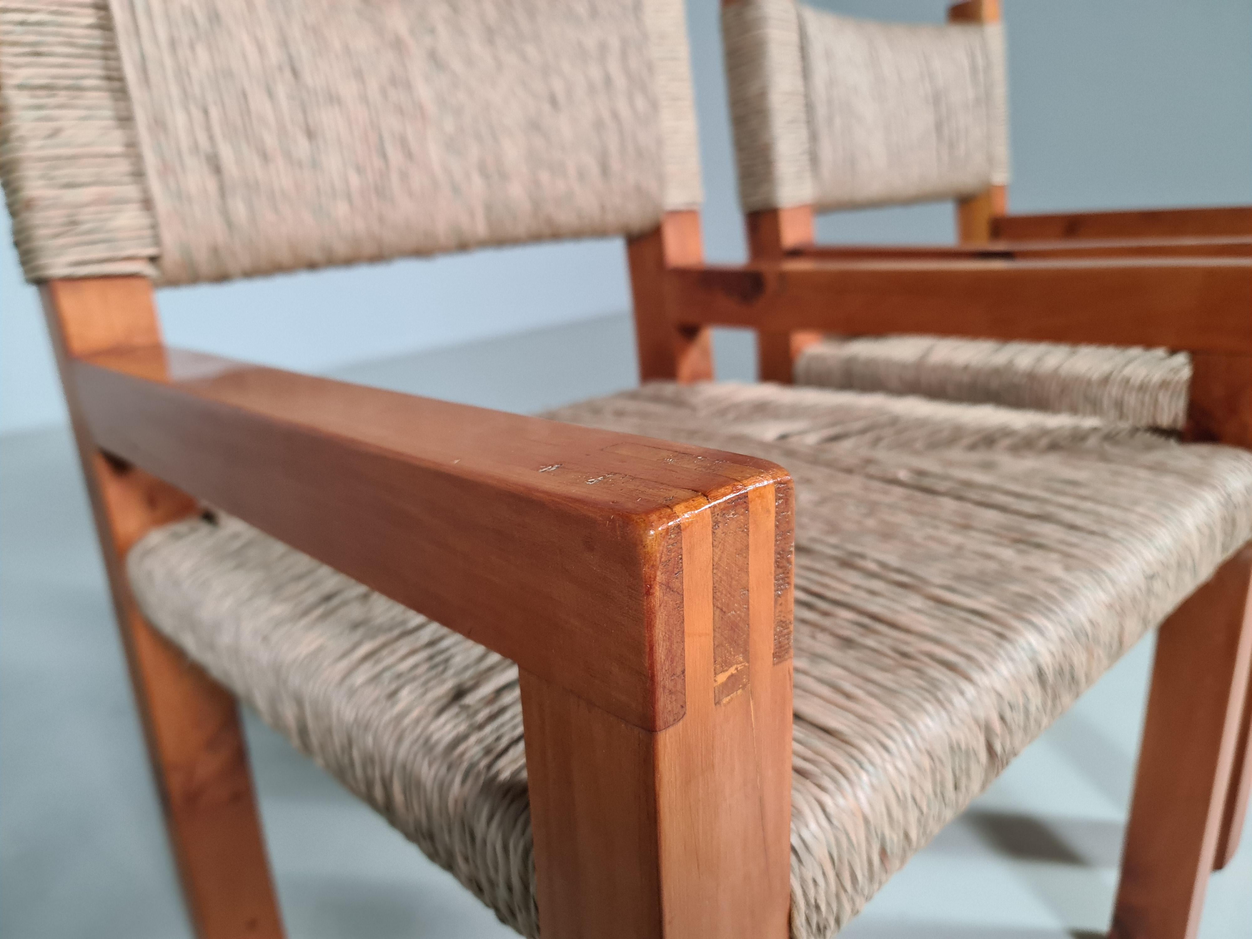 Set of 6 Brutalist Pine Wood Dining Chairs, France, 1960s 4