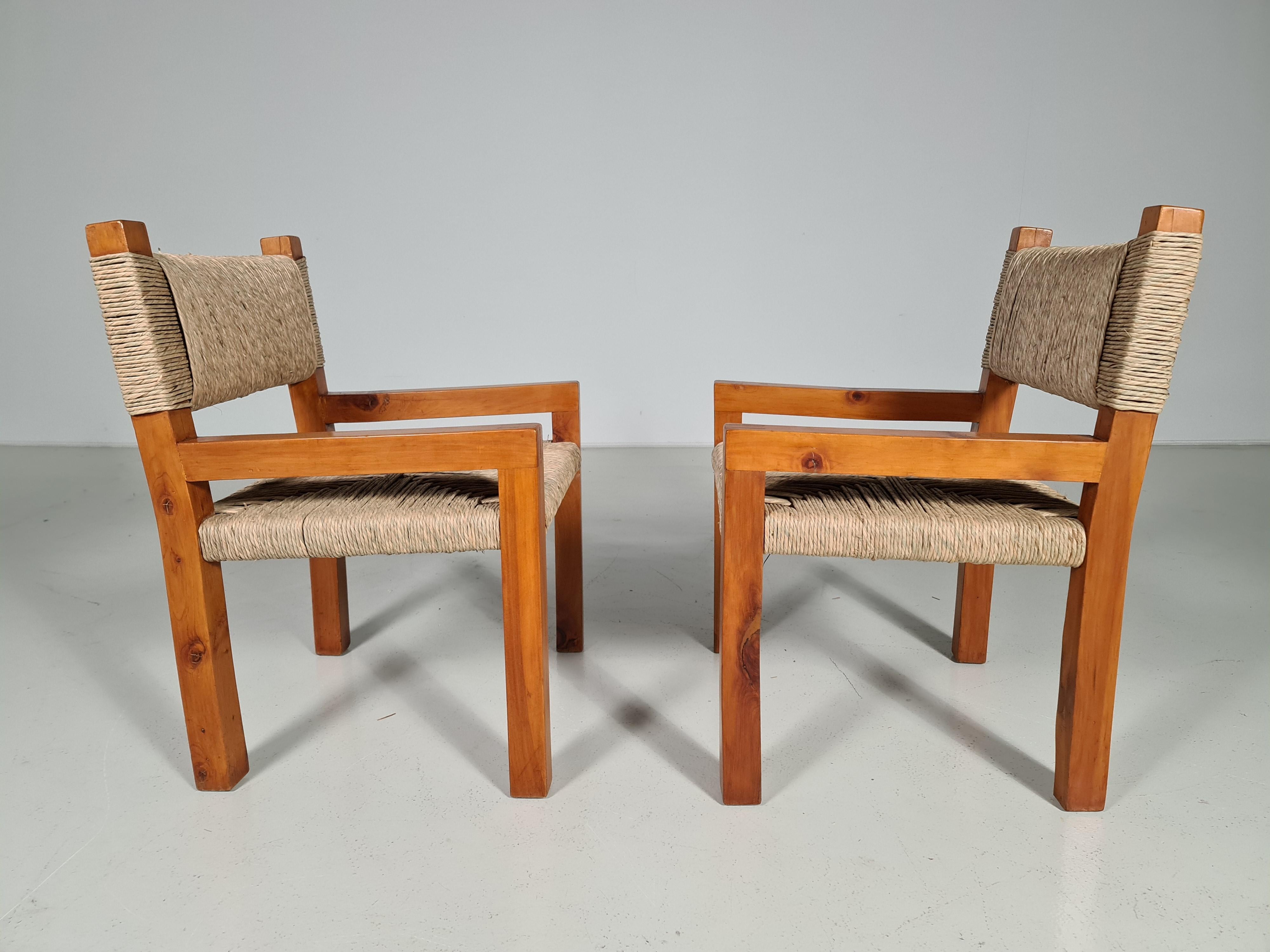 Mid-20th Century Set of 6 Brutalist Pine Wood Dining Chairs, France, 1960s