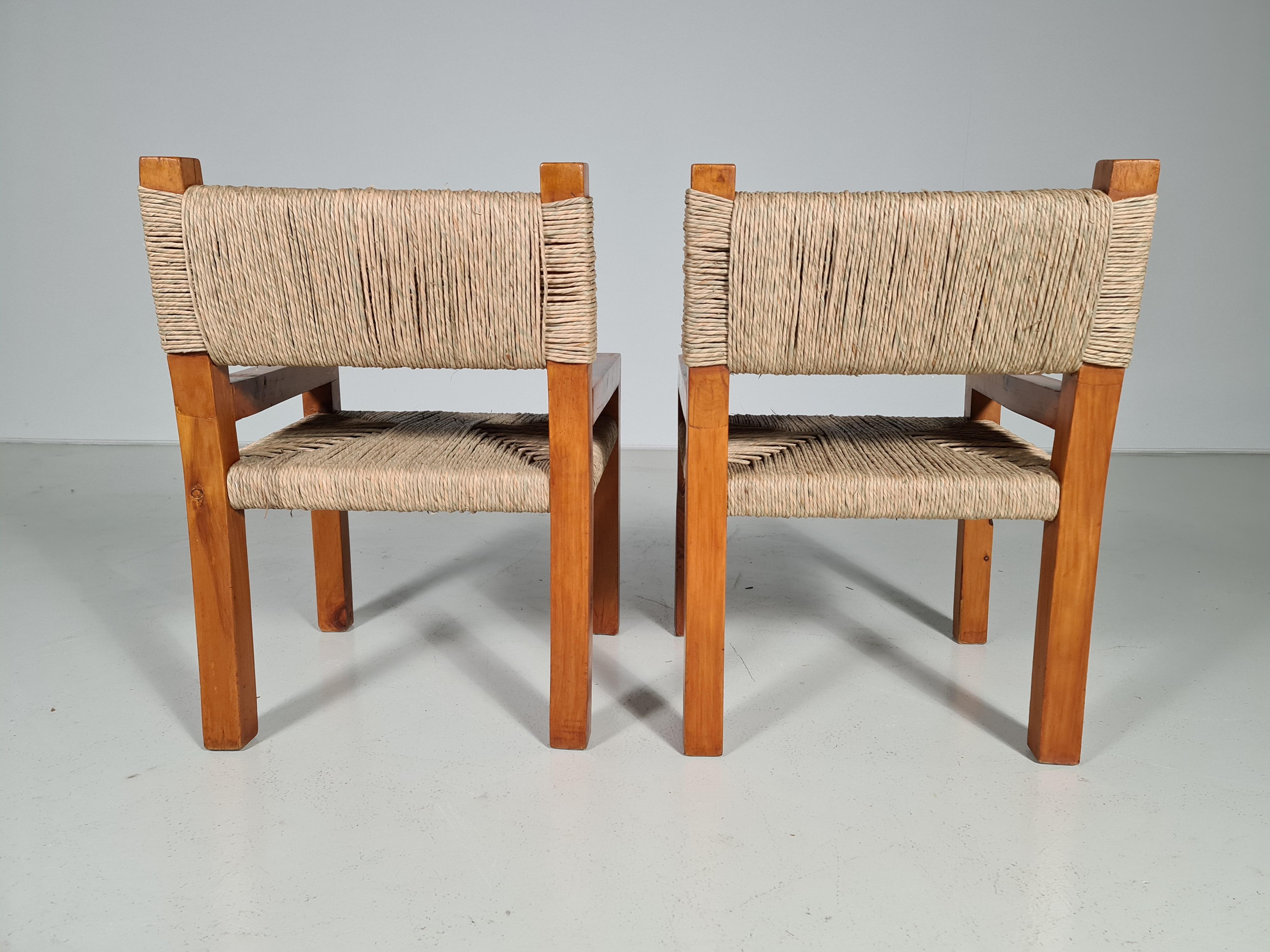 Papercord Set of 6 Brutalist Pine Wood Dining Chairs, France, 1960s