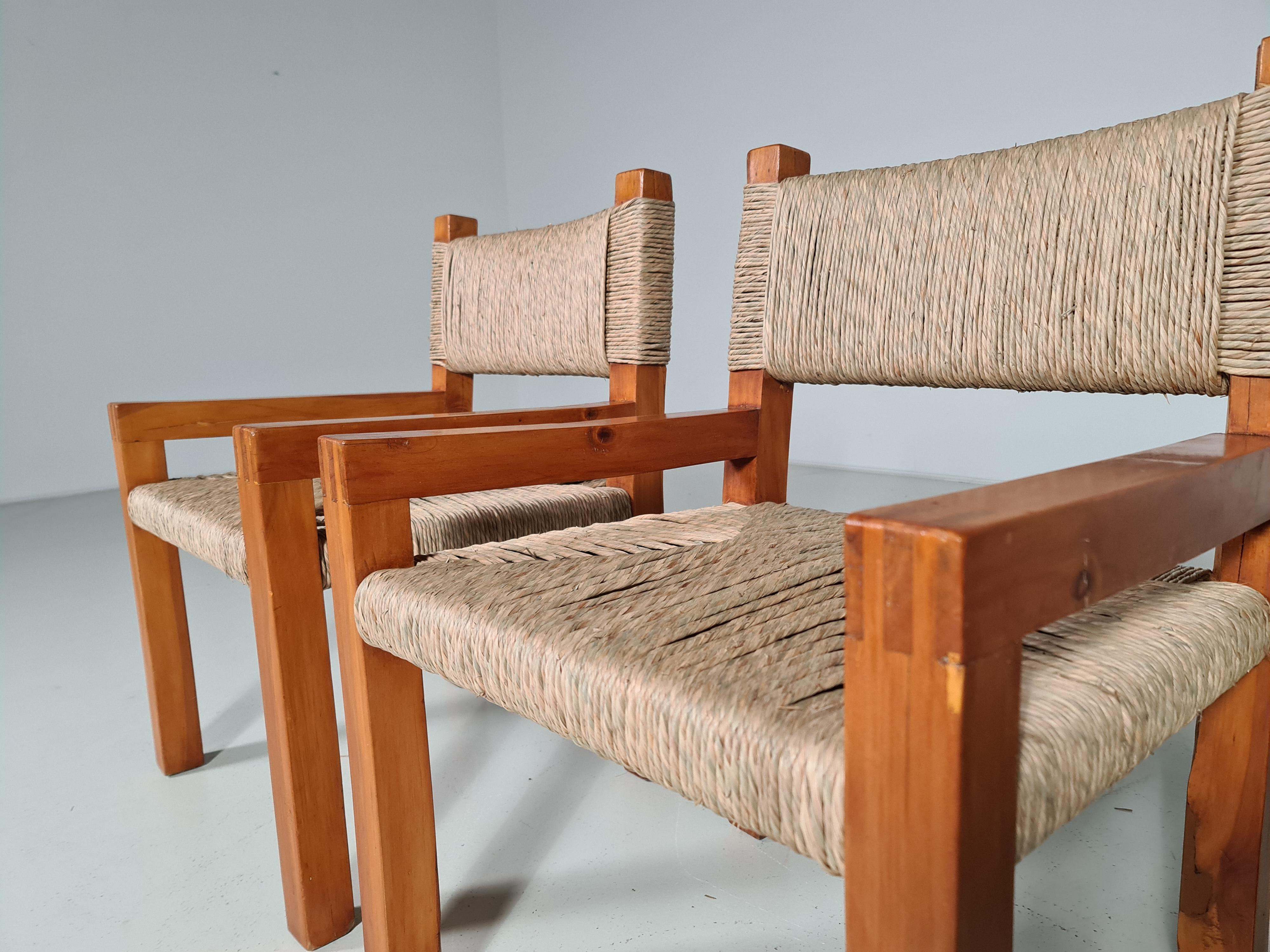 Set of 6 Brutalist Pine Wood Dining Chairs, France, 1960s 1
