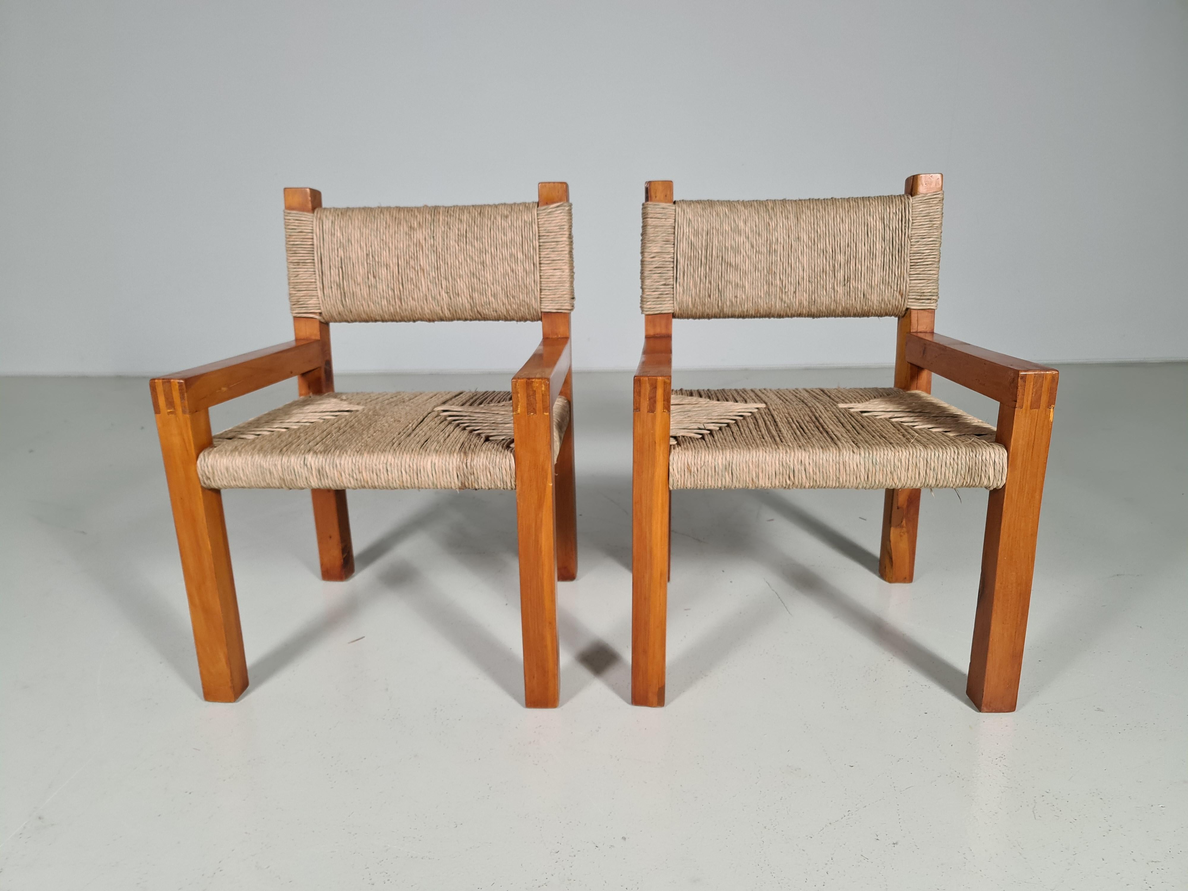 Set of 6 Brutalist Pine Wood Dining Chairs, France, 1960s 2