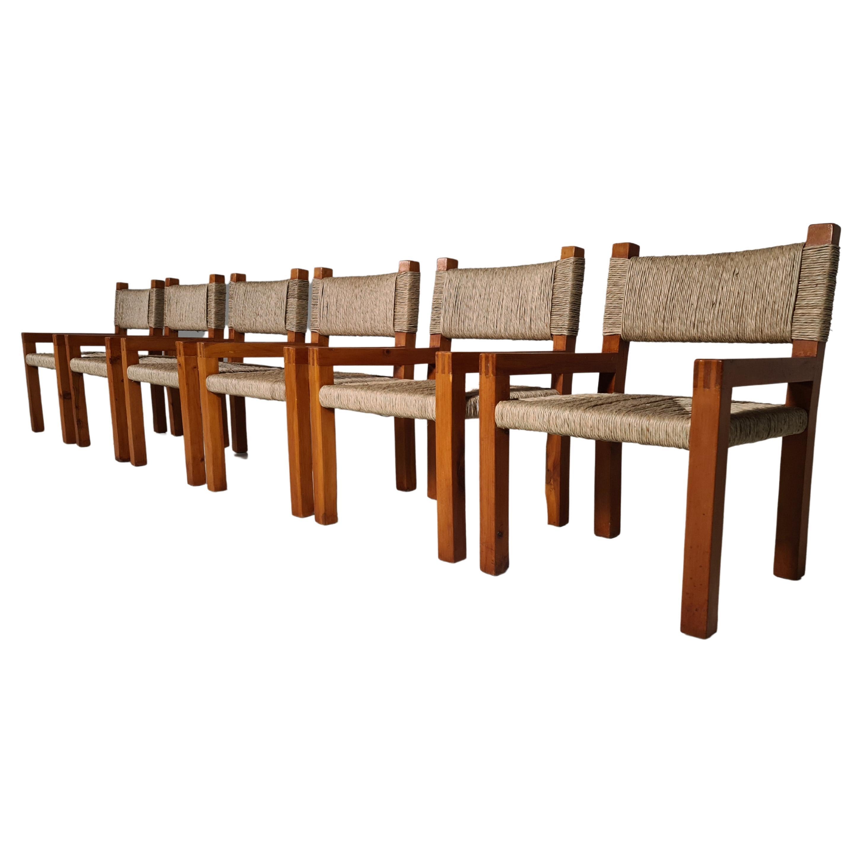 Set of 6 Brutalist Pine Wood Dining Chairs, France, 1960s