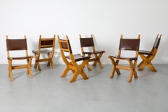 Ensemble brutaliste de 6 chaises de salle à manger en chêne massif et cuir chocolat de Bram Sprij