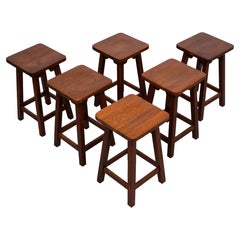 set of 6 Brutalist Solid Oak stools 1970s Holland