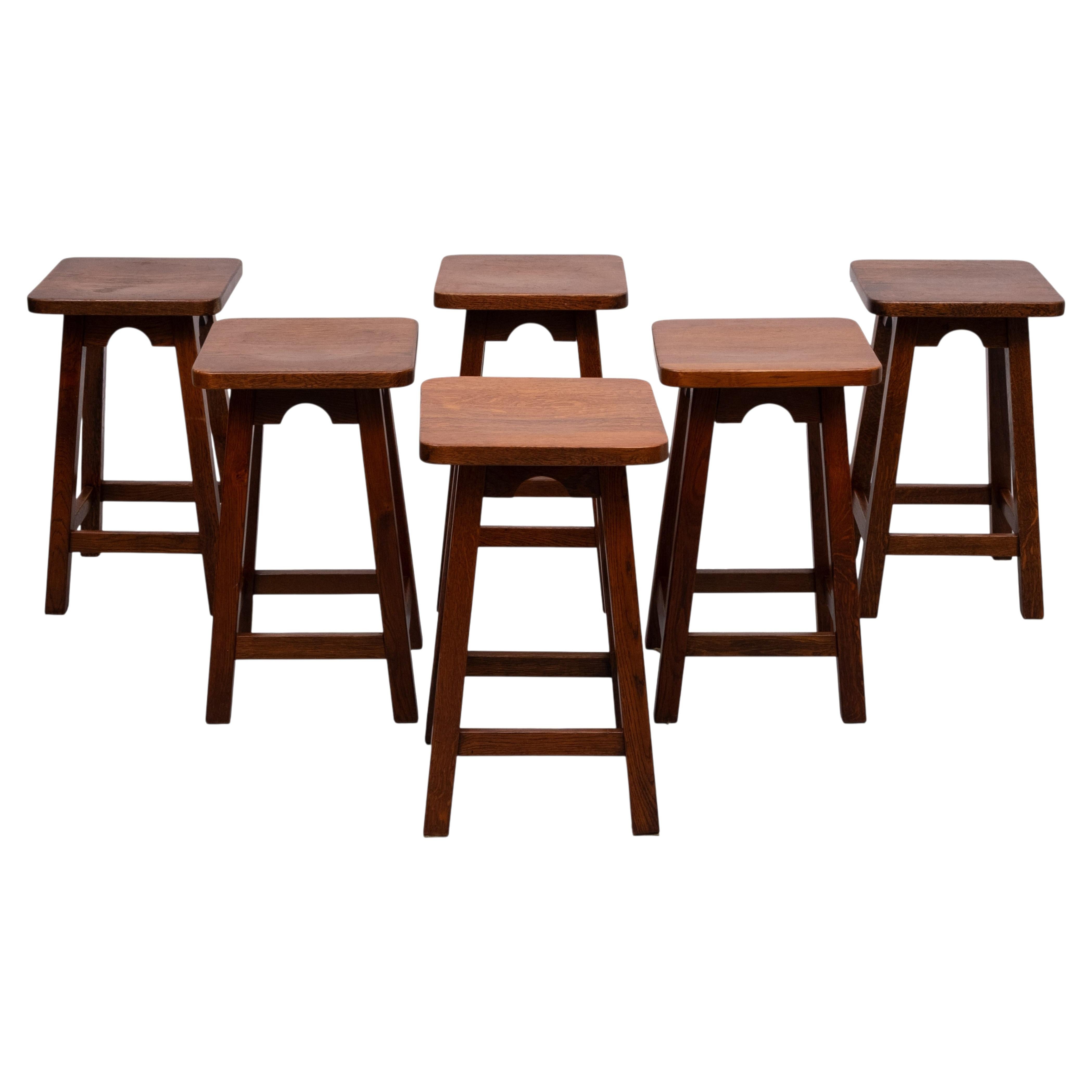 set of 6 Brutalist Solid Oak stools 1970s Holland