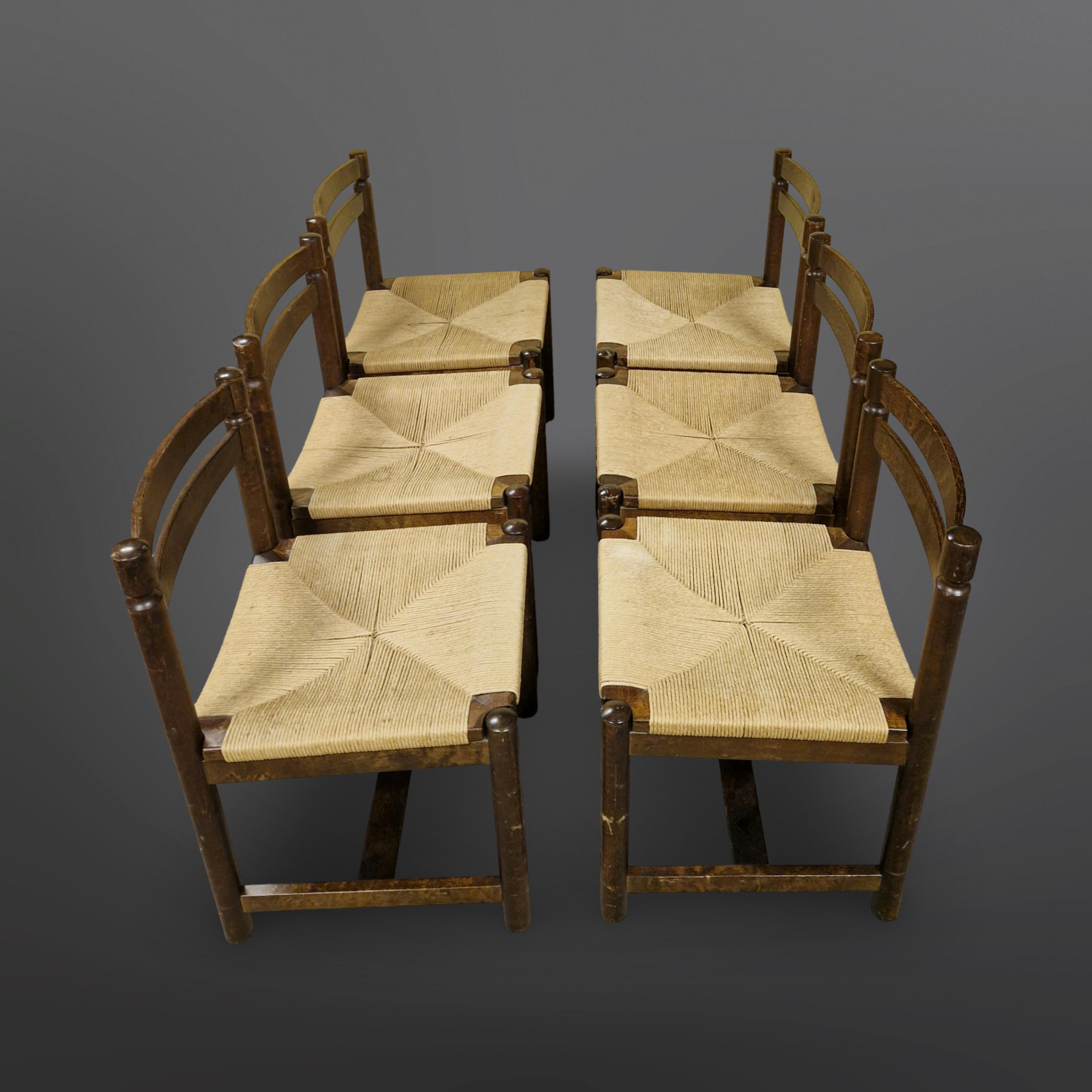Dutch Set of 6 brutalist wood and papercord dining chairs, Netherlands 1960s  For Sale