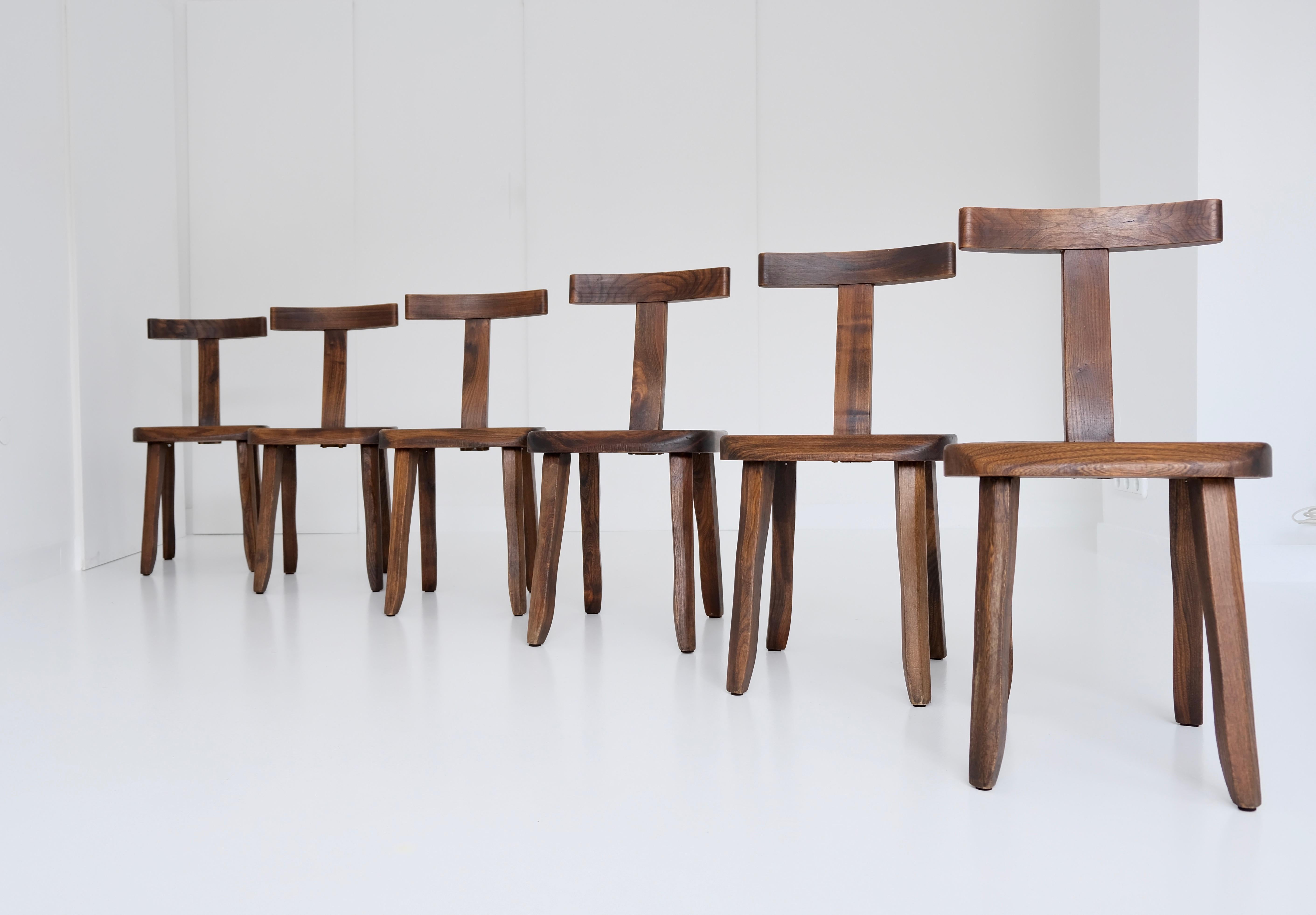 European Set of 6 Brutalistic, Minimalistic Dining or Side Chairs Made of Elm Wood