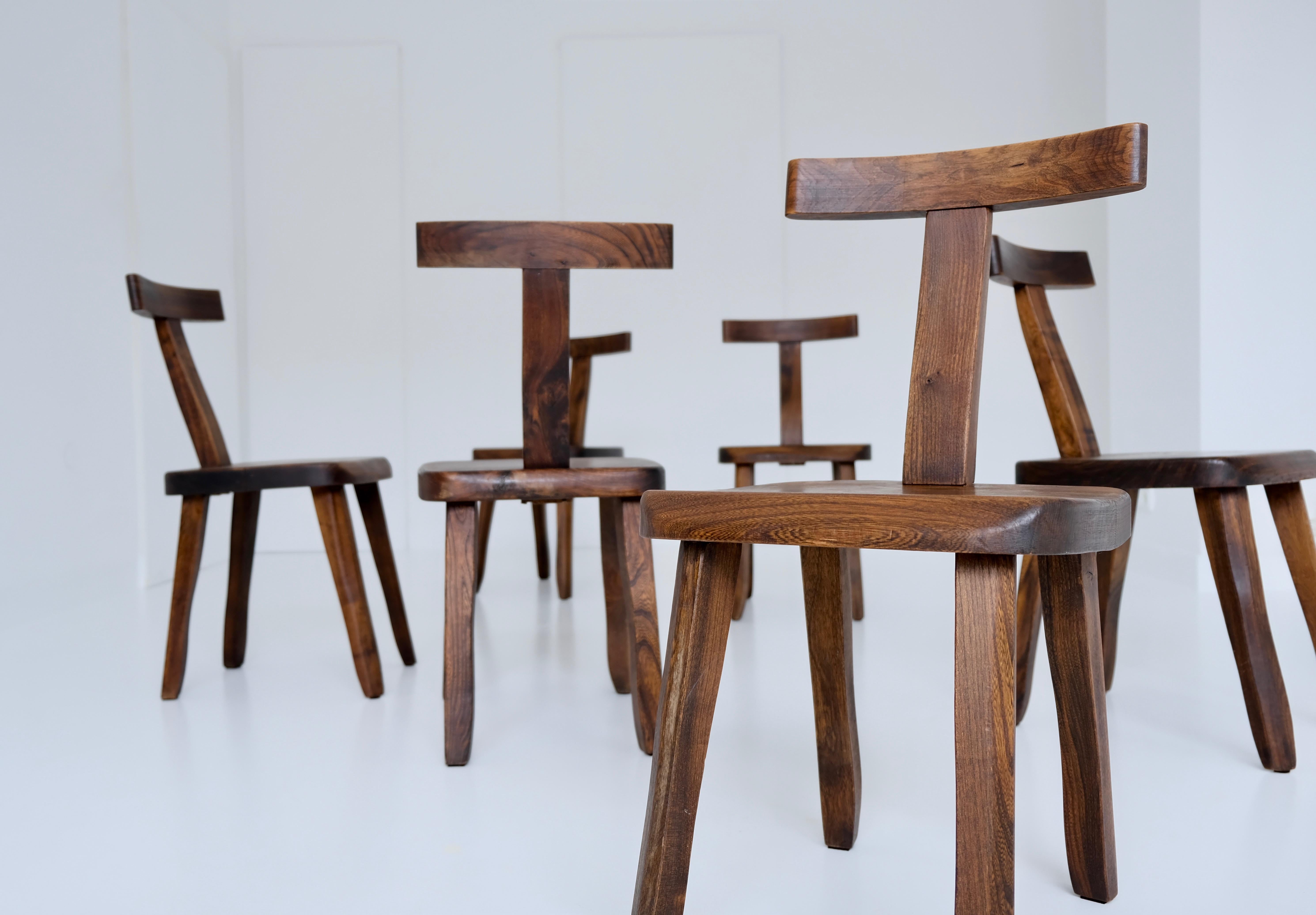Set of 6 Brutalistic, Minimalistic Dining or Side Chairs Made of Elm Wood In Good Condition In Munster, NRW
