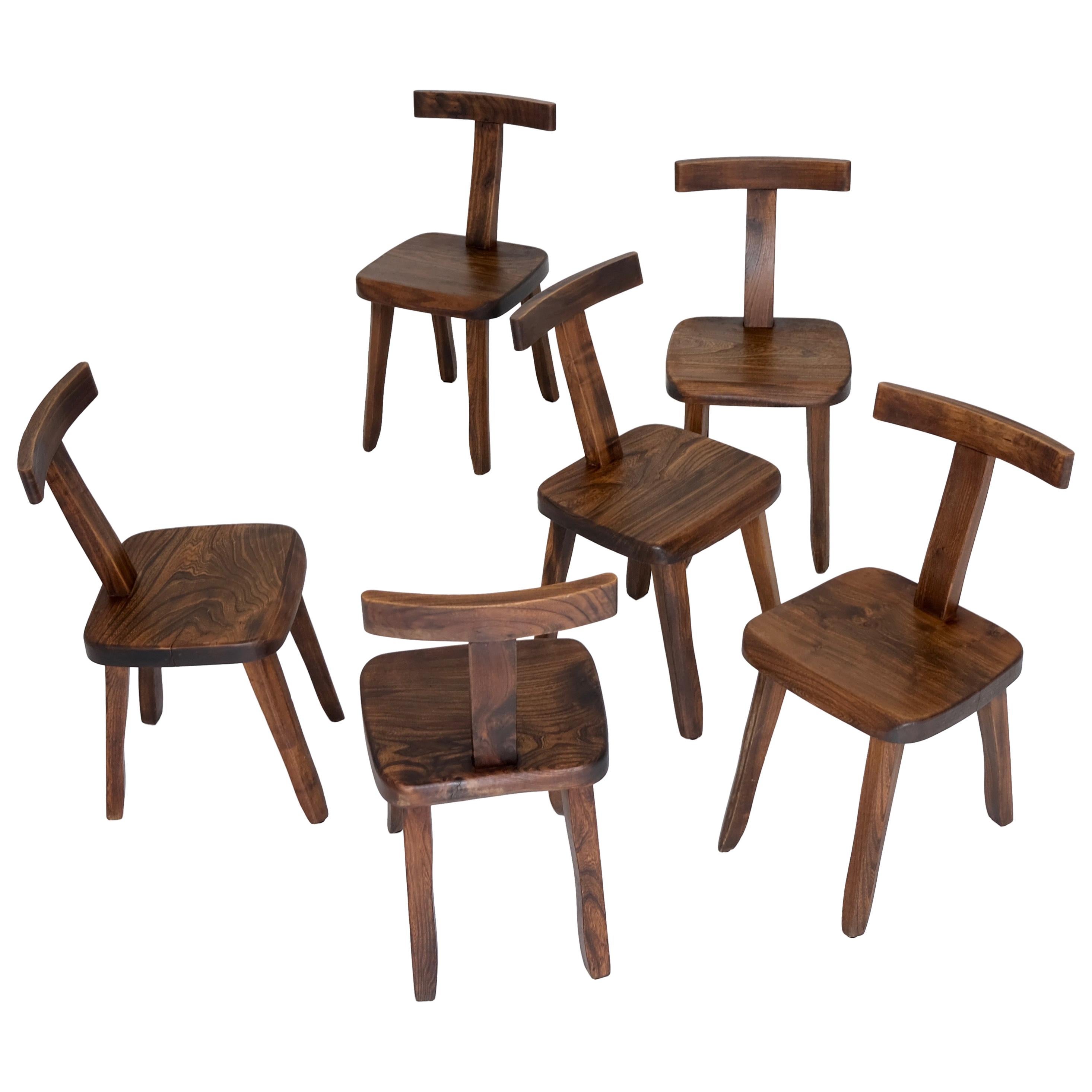 Set of 6 Brutalistic, Minimalistic Dining or Side Chairs Made of Elm Wood