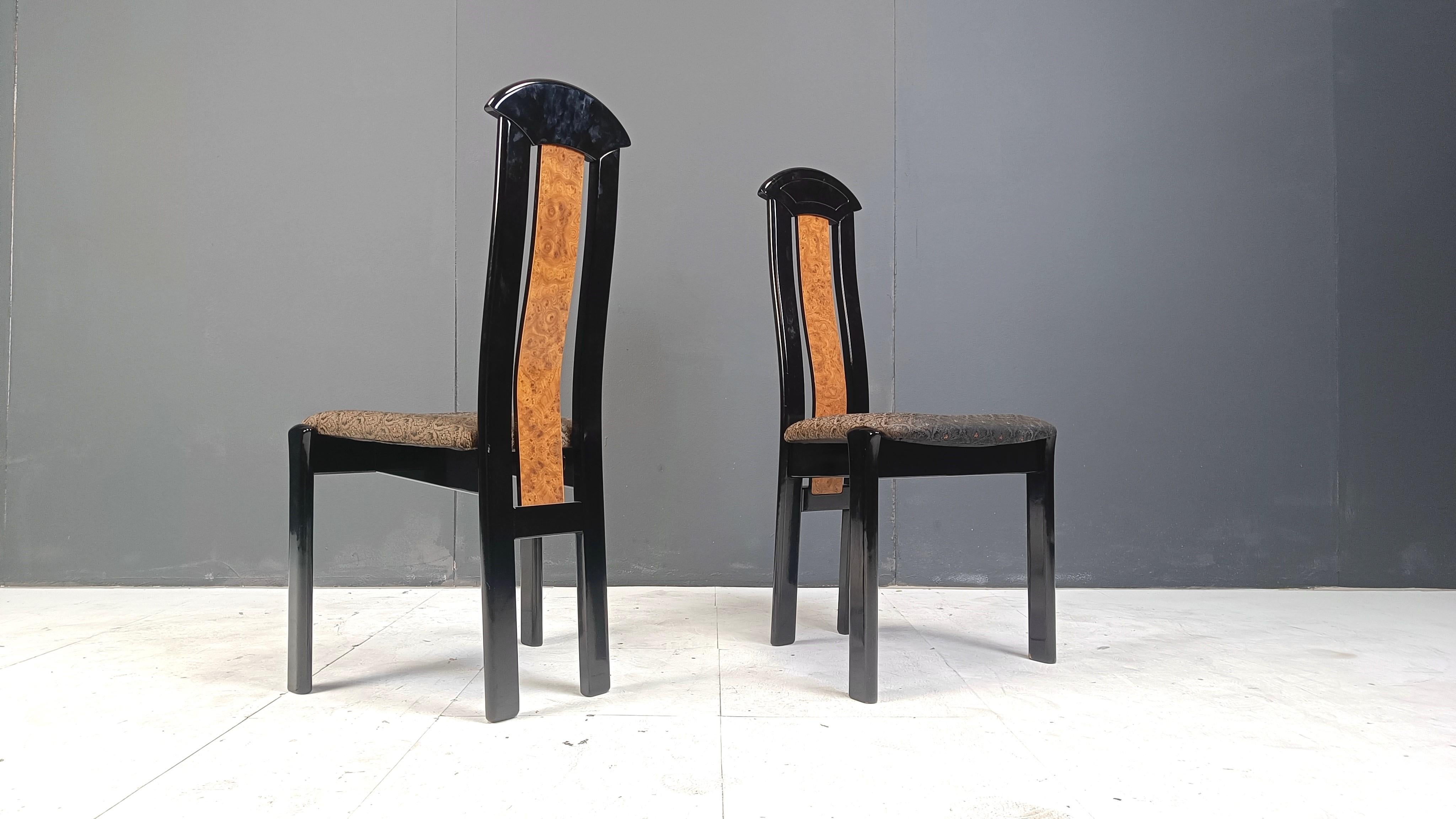 Set of 6 burl wood and lacquer dining chairs, 1980s 4