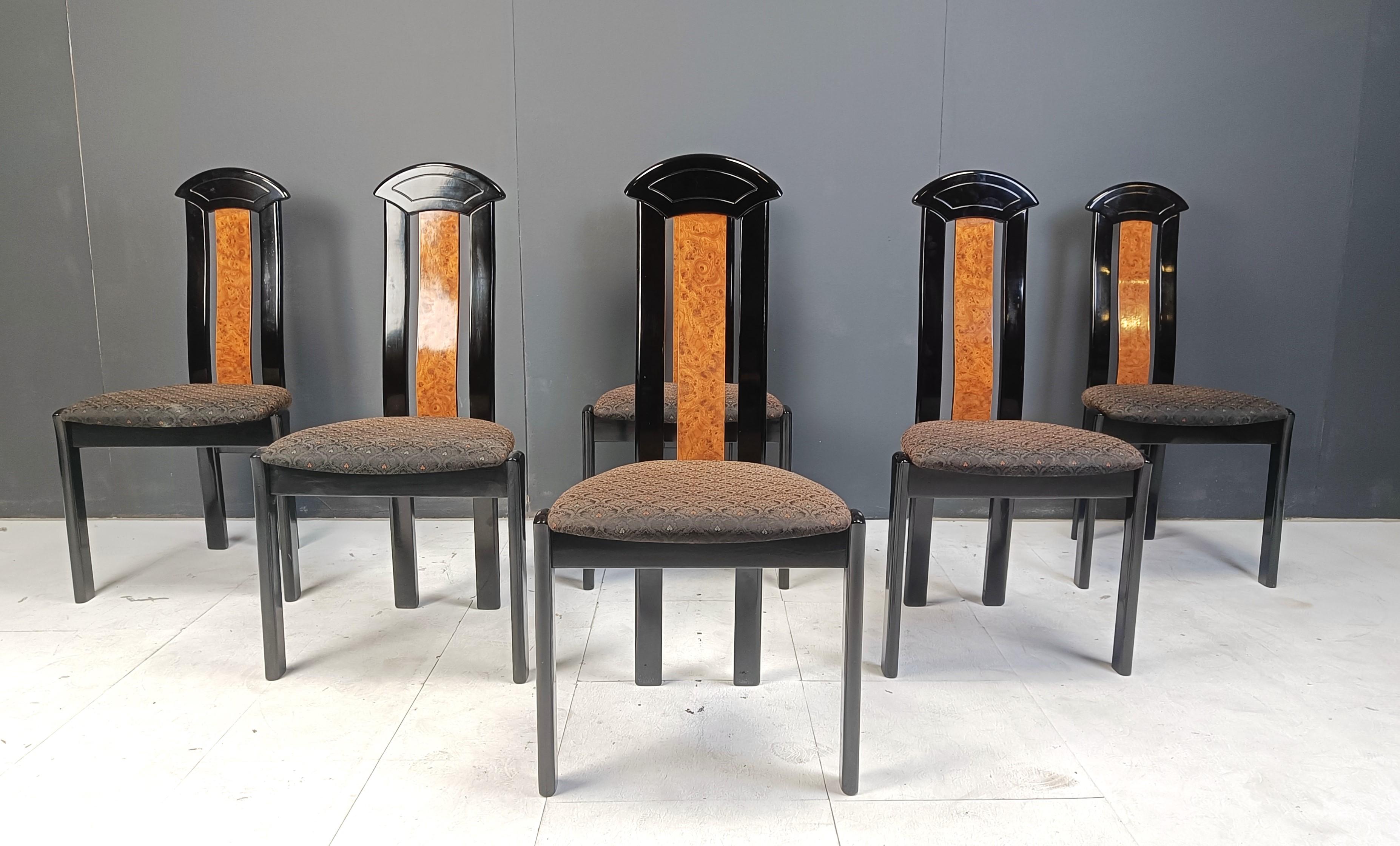 Hollywood Regency Set of 6 burl wood and lacquer dining chairs, 1980s