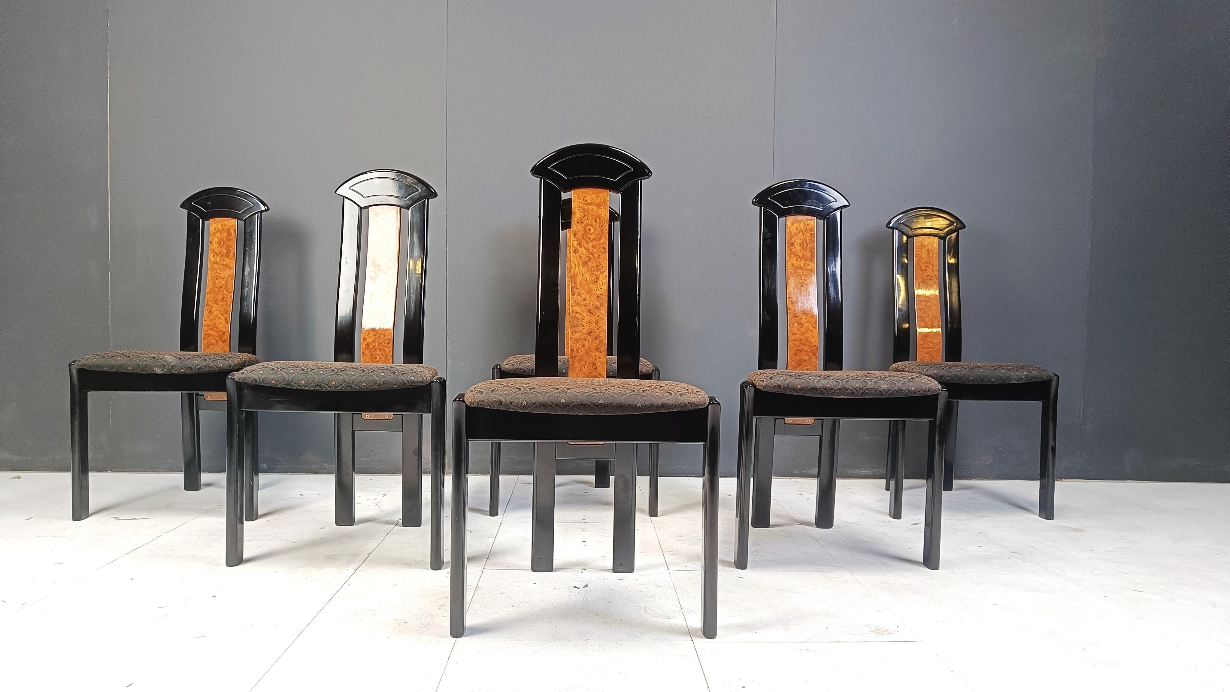French Set of 6 burl wood and lacquer dining chairs, 1980s
