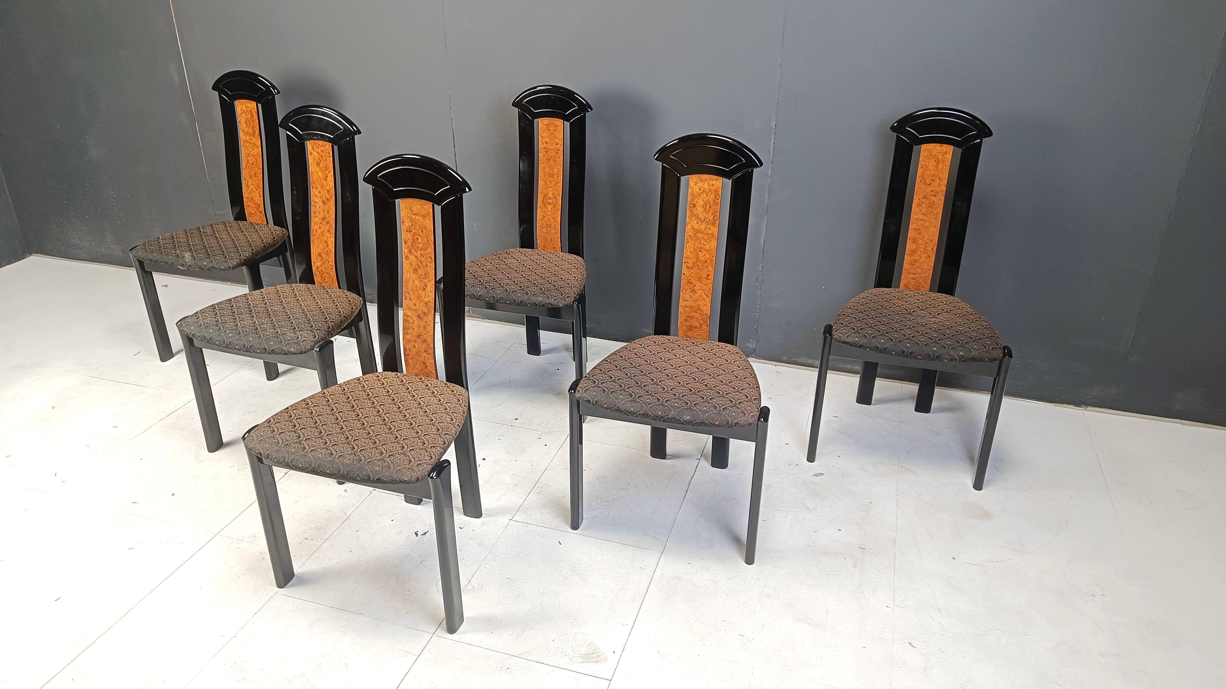 Set of 6 burl wood and lacquer dining chairs, 1980s In Good Condition In Leuven, Vlaams Gewest