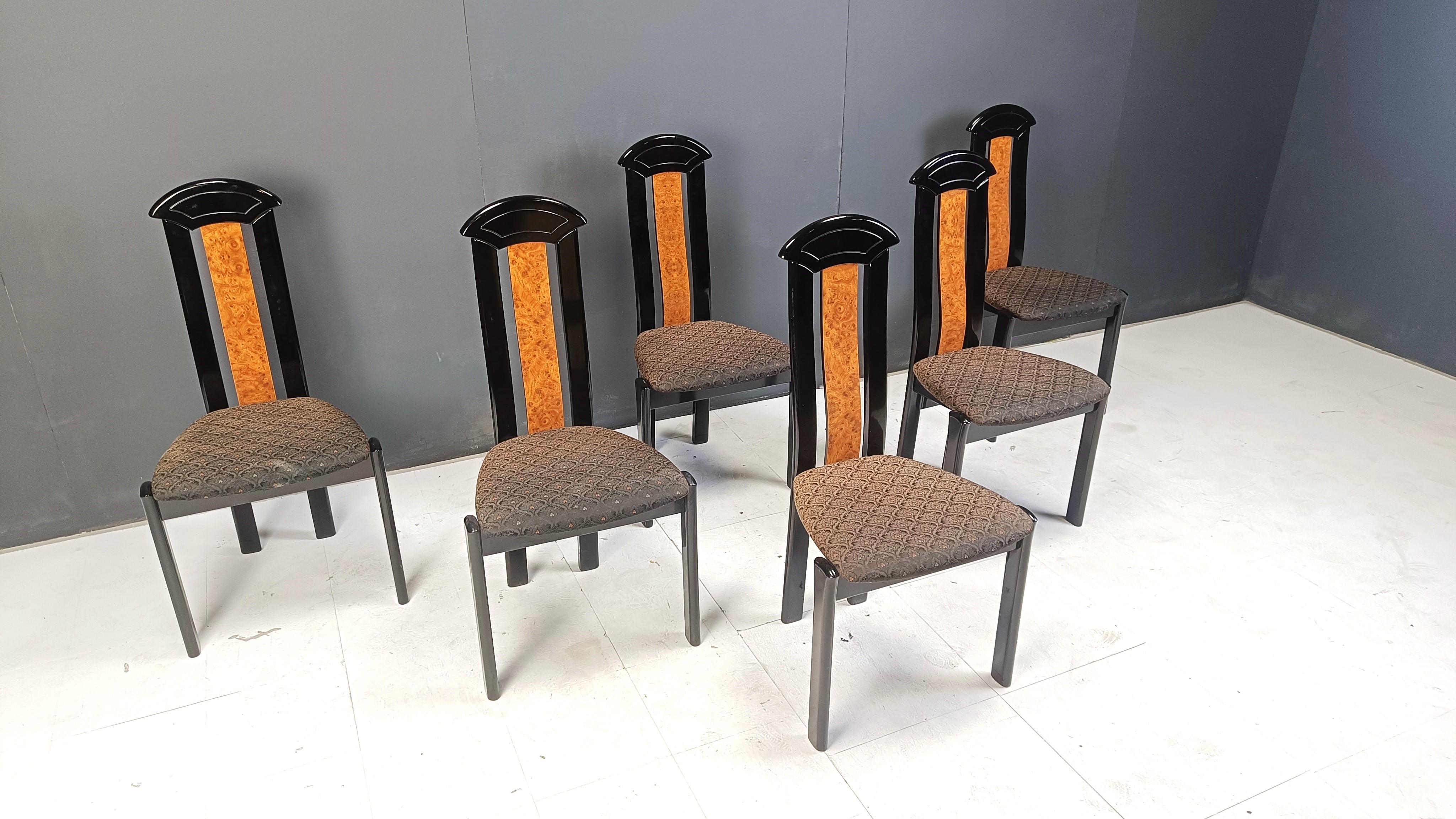 Late 20th Century Set of 6 burl wood and lacquer dining chairs, 1980s