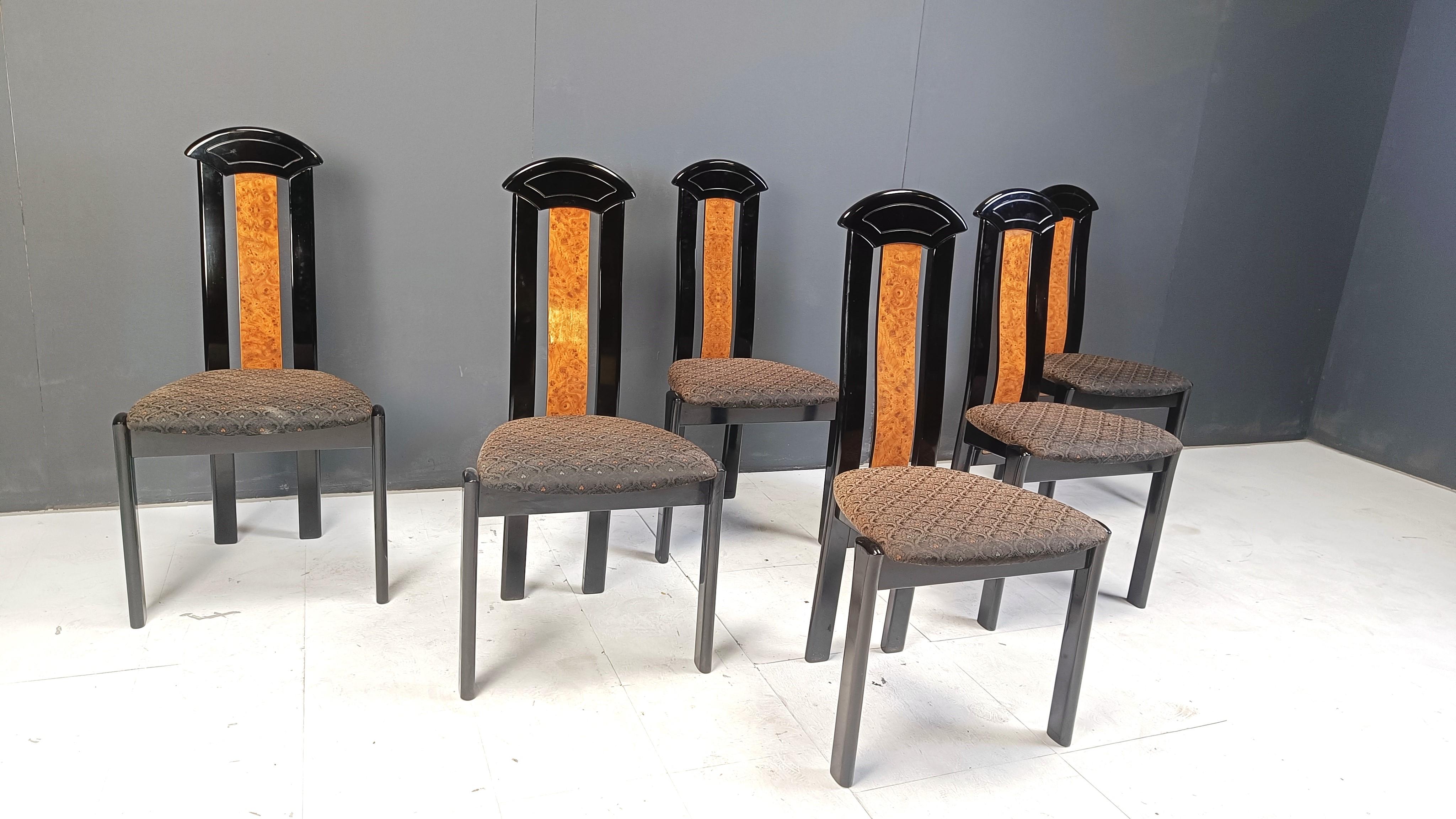 Burl Set of 6 burl wood and lacquer dining chairs, 1980s