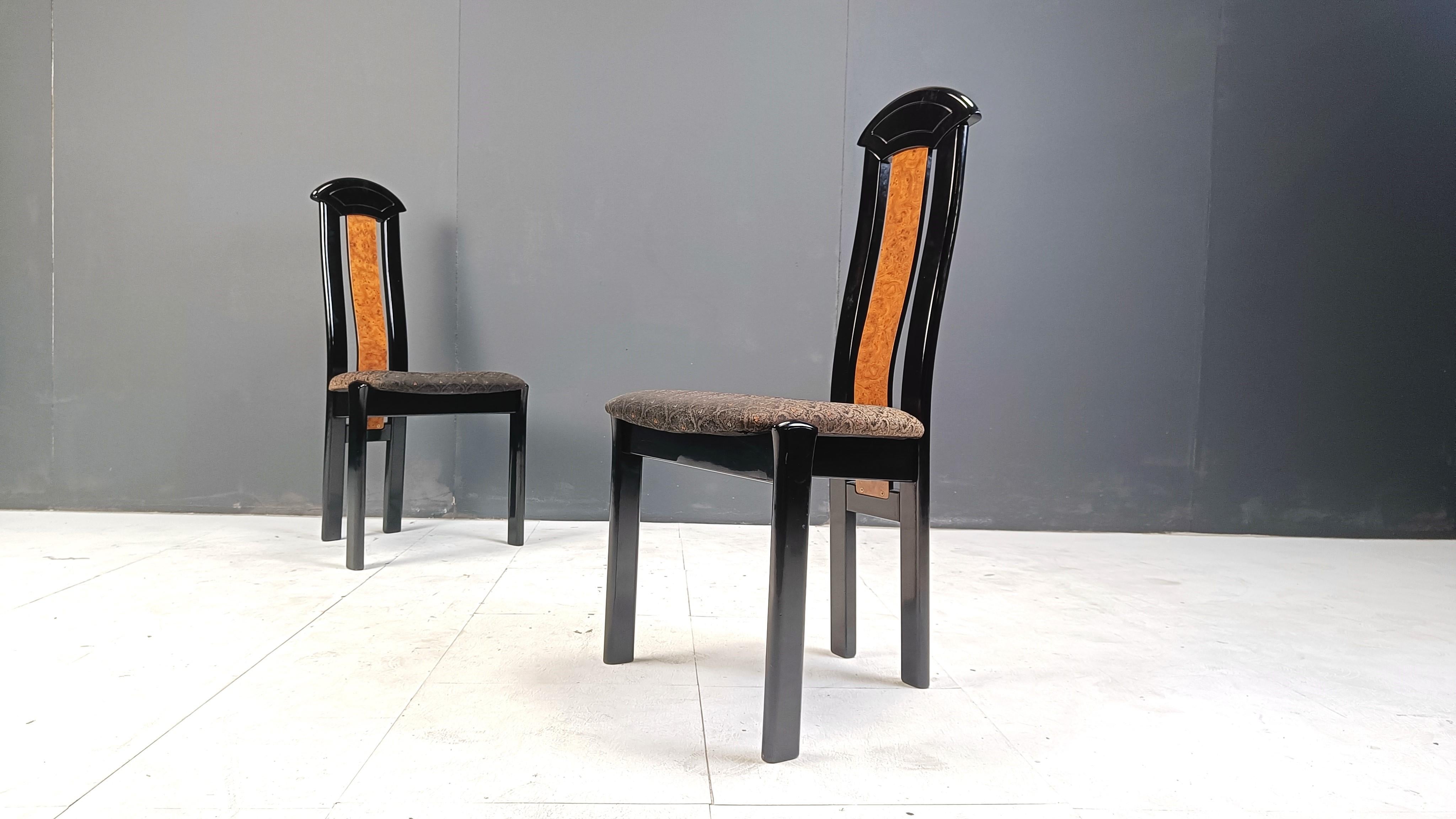 Set of 6 burl wood and lacquer dining chairs, 1980s 1