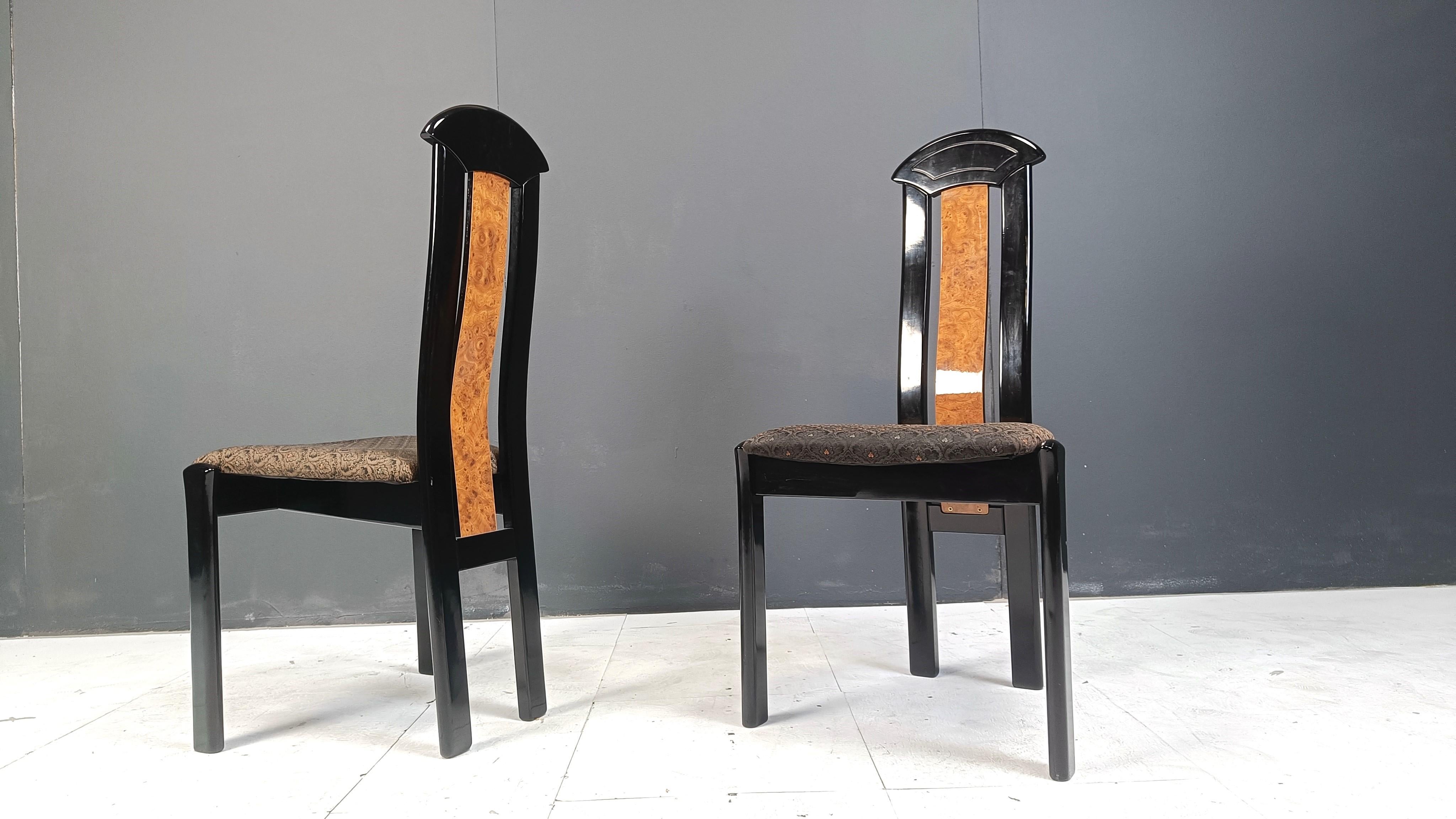 Set of 6 burl wood and lacquer dining chairs, 1980s 2