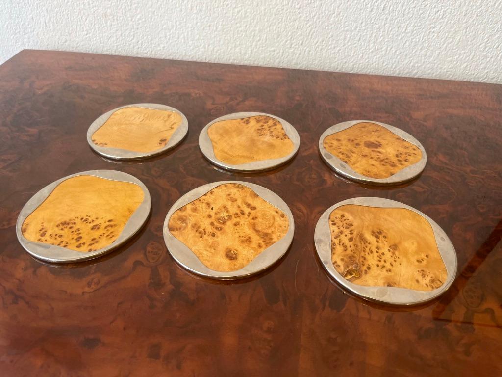 Set of 6 burl wood and chrome coasters made in Italy ca. 1970s
