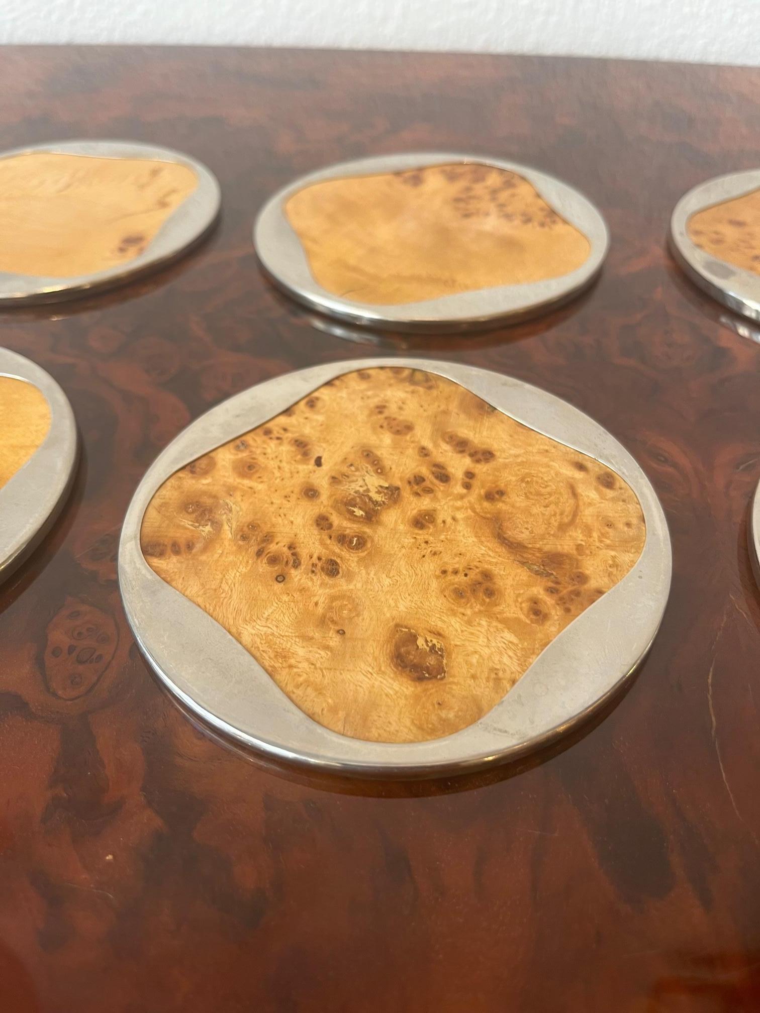 Set of 6 Burl Wood & Chrome Coasters ca. 1970s In Good Condition For Sale In Geneva, CH