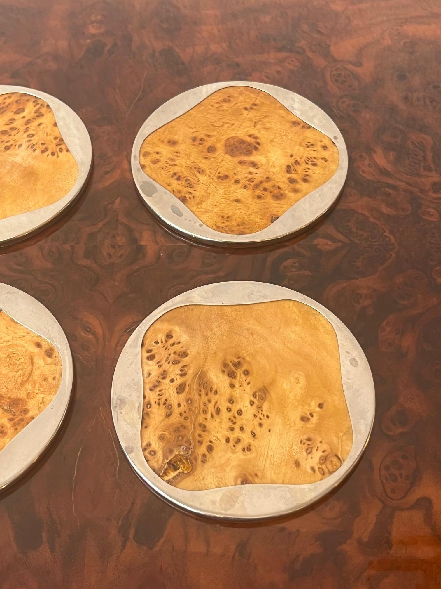 Late 20th Century Set of 6 Burl Wood & Chrome Coasters ca. 1970s For Sale