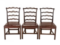 Set of 6 C.19th Mahogany Chippendale Ladderback Dining Chairs with Leather Seats